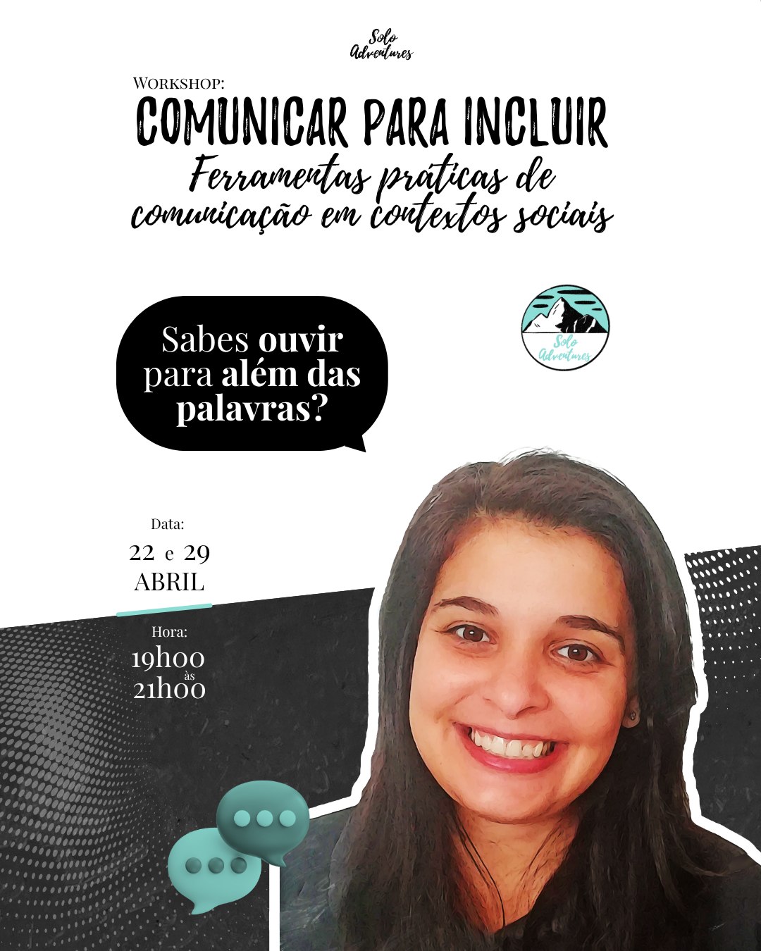 🔔 ÚLTIMAS VAGAS 🔔
🤔💬 Sabes ouvir para além das palavras?
Nos dias 22 a 29 de abril 🗓️
Das 19h às 21h 🕗 (horário de Portugal)
Estaremos reunidos para o nosso Workshop 📚:
"Comunicar para incluir: Ferramentas Práticas de Comunicação em Contextos Sociais"
O workshop será dinamizado:
🚀 Naomy Renner – Coordenadora do Programa Sonhadores Praticantes, em São Tomé e Príncipe, onde acompanha processos de voluntariado e desenvolvimento comunitário, com foco na escuta ativa, empatia e relações humanas mais conscientes.
🚀 Rita Pereira – Coordenadora da área da Diversidade e Inclusão na Solo Adventures, Licenciada em Animação Sociocultural, com Mestrado em Educação Especial, dedica-se à promoção de igualdade e à valorização do potencial de cada pessoa na área da deficiência.
O que vais desenvolver:
✅ Escuta ativa — compreender verdadeiramente o outro
✅ Gestão de conflitos — transformar desafios em diálogo construtivo
✅ Comunicação positiva — fortalecer relações dentro das equipas
Tudo isto através de uma metodologia prática e participativa, baseada em reflexão, partilha e aplicação em situações reais. 🛠️🧠
Se fazes parte da Solo Adventures, tens interesse em associar-te ou simplesmente acreditas no impacto das causas sociais,
esta é uma oportunidade concreta para fortalecer as tuas competências de comunicação.
Evento aberto ao público em geral. 🤝
💶 Valores de inscrição:
🧑🚀 Voluntários — Gratuito
🤝 Público Geral — 20€
💙 Associados e apadrinhamentos — 20% de desconto
👇 Mais informações: soloadventures.org/eventosformacoes
Não percas esta oportunidade!
Marca na tua agenda! ✍️
❗Última semana para realizar inscrição!
#workshops #comunicação #desenvolvimento #bemestar