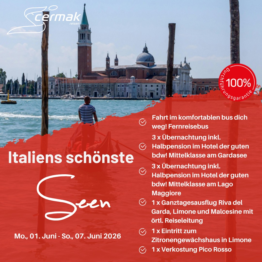 🌅 Italiens schönste Seen entdecken! 🇮🇹
Erlebe eine unvergessliche Reise zu den traumhaften Seen Norditaliens – von der Eleganz des Gardasees bis zur Ruhe des Lago Maggiore.
🚌 Bequem im Fernreisebus unterwegs
🏨 6 Übernachtungen inkl. Halbpension in ausgewählten Mittelklassehotels
🌄 Ganztagesausflug nach Riva del Garda, Limone & Malcesine
🍋 Eintritt ins Zitronengewächshaus in Limone
🍷 Genussmoment bei einer Pico Rosso Verkostung
📅 01. Juni – 07. Juni 2026
Sichere dir jetzt deinen Platz und entdecke Italien von seiner schönsten Seite! ✨
#CermakReisen #Italien #Gardasee #LagoMaggiore #Reiselust