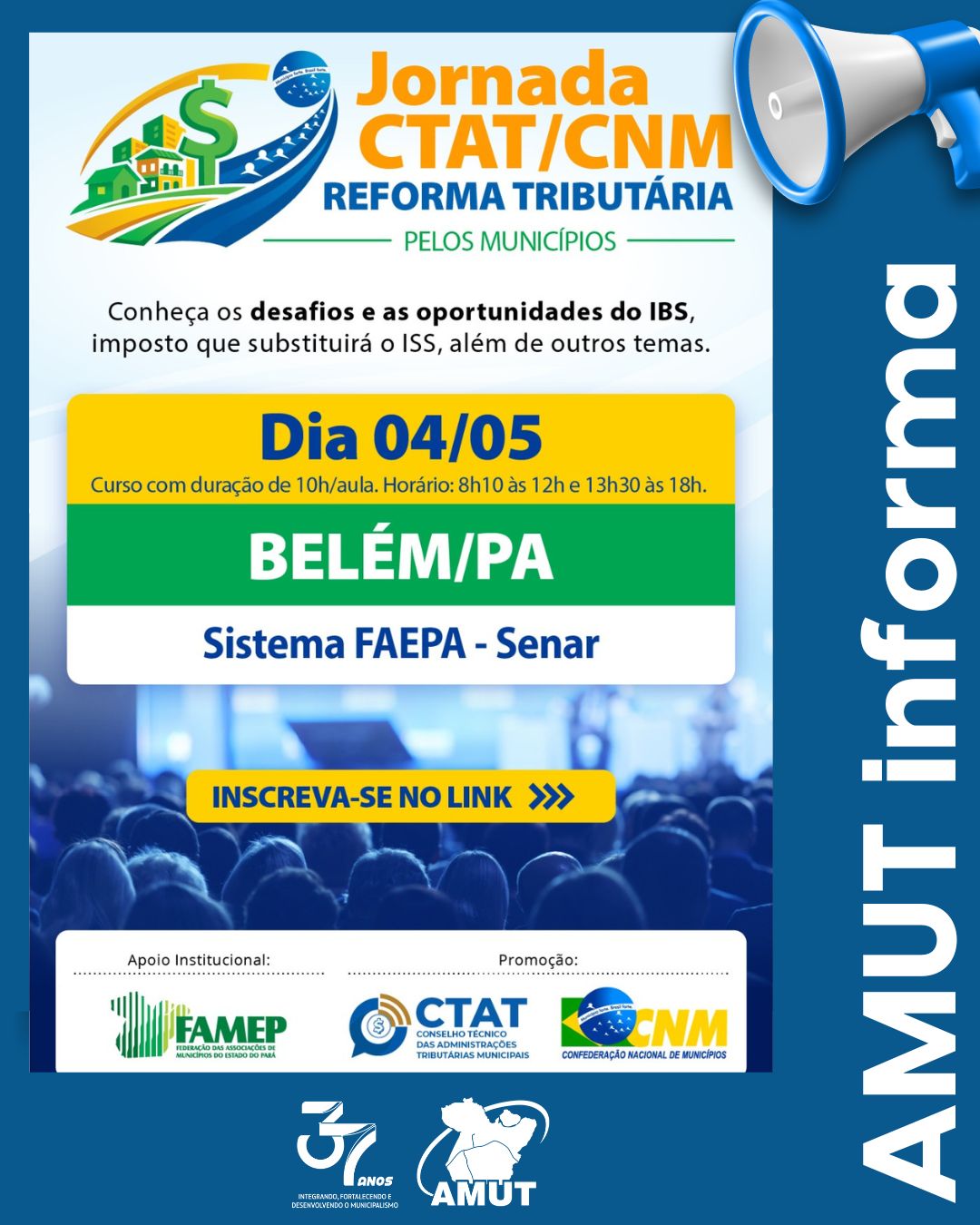 #AMUTINFORMA
A Confederação Nacional de Municípios (CNM), com o apoio institucional da Federação das Associações de Municípios do Estado do Para (FAMEP), realizará o curso Conexão CNM - Qualifica em Belém/PA e Santarém/PA, que ocorrerá nos dia 04 de maio, no Sistema FAEPA – Senar e 06 de maio, no Hotel Palace Santarém.
Saiba mais aqui: https://www.amut.org.br/post/jornada-ctat-cnm-reforma-tributária-edição-belém-pa-e-edição-santarém-pa