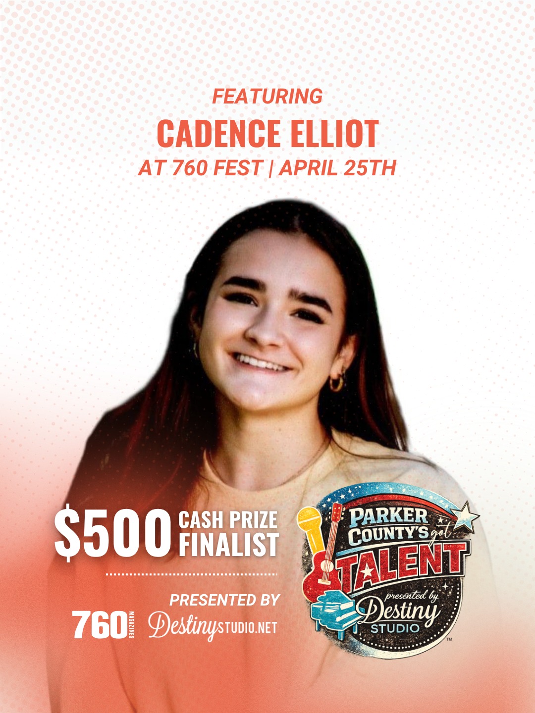 One of Destiny’s very own is taking the stage ✨
Cadence Elliott, a dedicated student for nearly four years, steps into the spotlight for Parker County’s Got Talent with a stunning vocal performance of “Think of Me” from Phantom of the Opera 🎭🎶
Graceful, powerful, and full of poise—this is a performance you won’t want to miss.
LIVE in just 8 days at 760 FEST on April 25 from 1 PM – 2 PM at The District at Willow Park!
Finalist for the $500 CASH PRIZE 🏆
🎉 All ages welcome
Come support her!
#760fest #parkercountytx #aledotx #aledomusicscene #WeatherfordTX #benbrooktx #mineralwellstx #fortworthtx #fortwrothmusic
