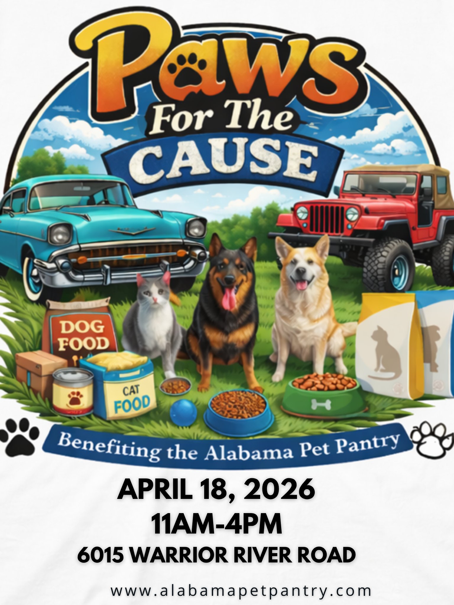 ⏰🐾 Happening TOMORROW! Paws for the Cause: Jeep & Classic Car Show! 🐾🚗
The wait is almost over! Join us tomorrow for an incredible day of Jeeps, classic cars, and helping animals in need. ❤️ Don’t miss out on the fun!✨ What to expect:
🐕 Adoptable pets & rescue groups
🚙 Stunning Jeeps & vintage classics
🎶 Music, food, and family fun
🏆 Awards, raffles, and more!
📍 Location: 6015 Warrior River Road, Concord, AL
📅 Date: April 18, 2026
⏰ Time: 11 AM – 4 PM
🎟️ Admission: FREE to attend!
Every mile, every shine, and every smile helps support our furry friends. 🐶🐾
💻 Donate or learn more: www.alabamapetpantry.com
Grab your friends and family—we’ll see you tomorrow!
#PawsForTheCause #JeepLife #ClassicCars #AdoptDontShop #CarShowForACause #Tomorrow