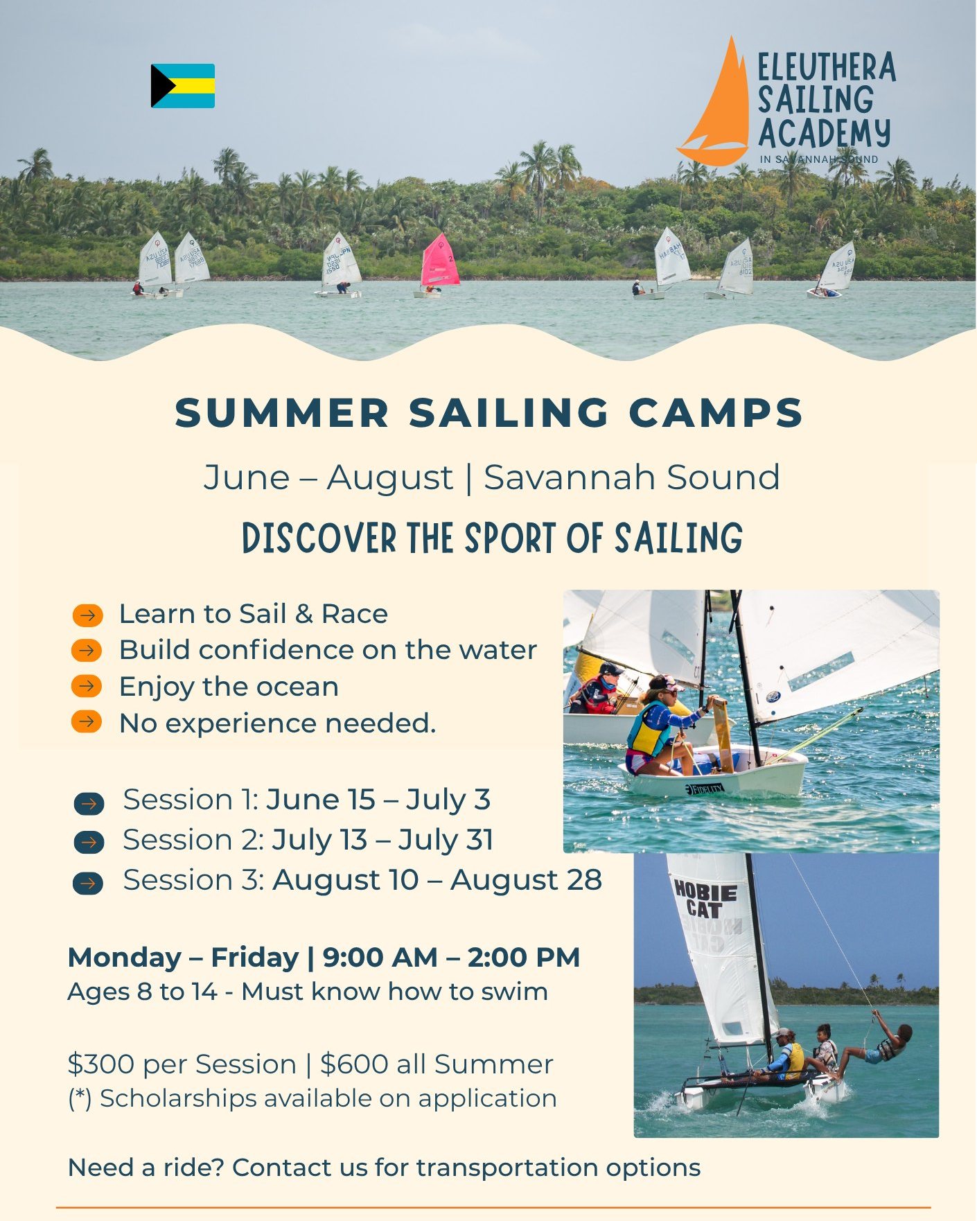 SUMMER = SAILING ⛵️🇧🇸
Kids! Come join the fun on the water.
Sailing, games, capsizes, racing, and good vibes all summer.
Mon–Fri | 9–2 pm
June – August
$300 per session | $600 all summer
(*) scholarships and transportation available on application.
If you’ve ever wanted to try sailing — this is your
Register at: https://forms.gle/dmiZR2VhttisiC7s5
🇧🇸 Let’s get more Eleuthera kids sailing ⛵️🔥