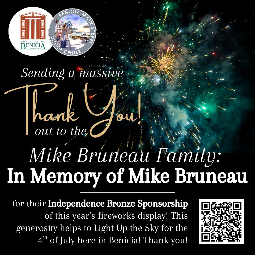 Help LIGHT UP THE SKY this 4th of July! 🎆 Benicia, we’re raising funds right now to bring back the 2026 4th of July fireworks show—and to celebrate 250 years of American independence in a big way! 🇺🇸
- On July 3rd, Benicia Main Street will once again host our beloved Torchlight Parade.
- On July 4th, with your help, we’ll fill the waterfront sky with fireworks for the whole community to enjoy.
Our goal: $50,000
This covers the fireworks display, plus essentials like cleanup, portable restrooms, and equipment rentals.
HOW YOU CAN HELP:
💳 Donate as an individual or business—every dollar counts.
⭐ Become a Sponsor (from $100 up to $10,000) and enjoy perks like:
- Name & logo recognition
- Parade banner visibility
- Prime-viewing seats for the fireworks
- An exclusive pre-fireworks reception
👥 OR Form a KaBOOM! Fundraising Team
Teams can be local businesses, community groups, neighbors, or friends & family. Raise funds, send us your best fun “smack talk”, and we’ll share highlights on social for extra buzz!
- Top 3 teams win PRIME-VIEWING SEATS + PRE-FIREWORKS RECEPTION
🔗 DONATE OR REGISTER YOUR TEAM TODAY at BeniciaMainStreet.org (under "Events") or give in person at our clear collection box:
- Benicia Main Street Visitor Center
- Benicia Certified Market, Thursdays starting April 30, 2026
Let's come together to light up Benicia's sky & spirit for America’s 250th! ✨ Link in bio
#LightUpTheBeniciaSky #BeniciaFireworks #BeniciaCommunity
