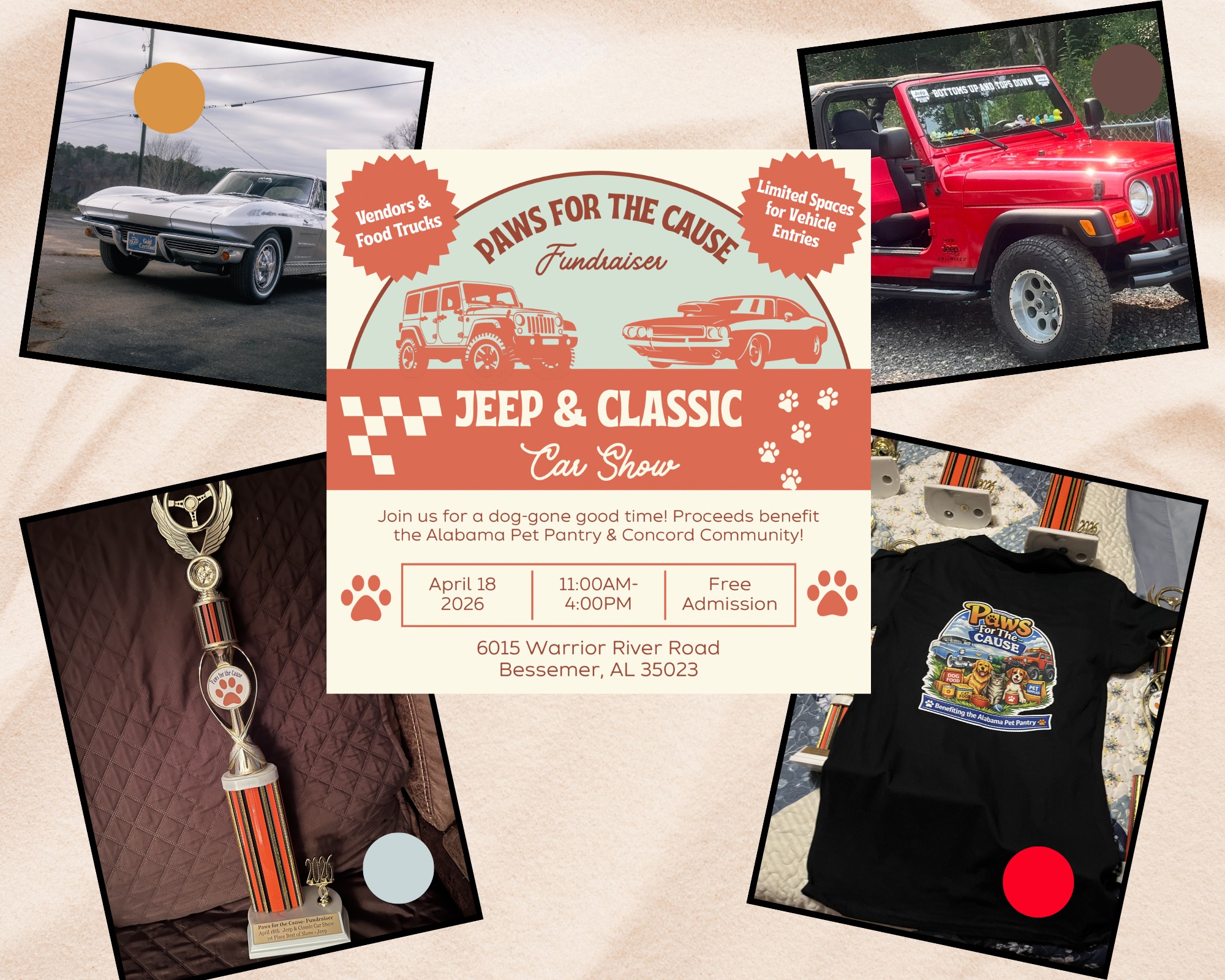 🚗🐾 Paws for the Cause: Jeep & Classic Car Show! 🐾🚗
Rev up your engines and bring your love for animals—it's time for an unforgettable day of chrome, classics, and compassion! Join us at Paws for the Cause, where Jeep lovers and classic car enthusiasts come together to make a difference for animals in need. ❤️
✨ What to expect:
🐕 Well behaved pets welcome on a leash
🚙 Stunning Jeeps & vintage classics
🎶 Music, food, and family fun
🏆 Awards, raffles, and more!
📍 Location: 6015 Warrior River Road, Concord, AL
📅 Date: April 18, 2026
⏰ Time: 11 AM – 4 PM
🎟️ Admission: FREE to attend!
Every mile, every shine, and every smile helps support our furry friends. 🐶🐾
💻 Donate or learn more: www.alabamapetpantry.com