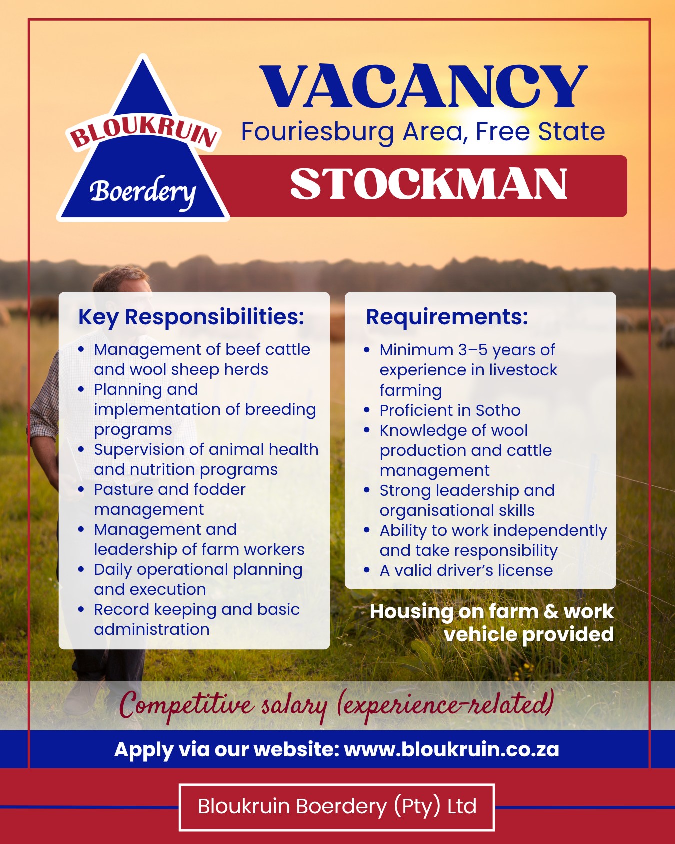 Bloukruin Boerdery is looking for a dedicated and experienced Stockman to lead and optimise our cattle and wool sheep operations.
If you are a true livestock person, passionate about animals and farming, and have the ability to effectively manage a team and operations, we would like to hear from you.
π Based near Fouriesburg, Eastern Free
State. Apply via our website: www.bloukruin.co.za
#BloukruinBoerdery #Stockman #LivestockFarming