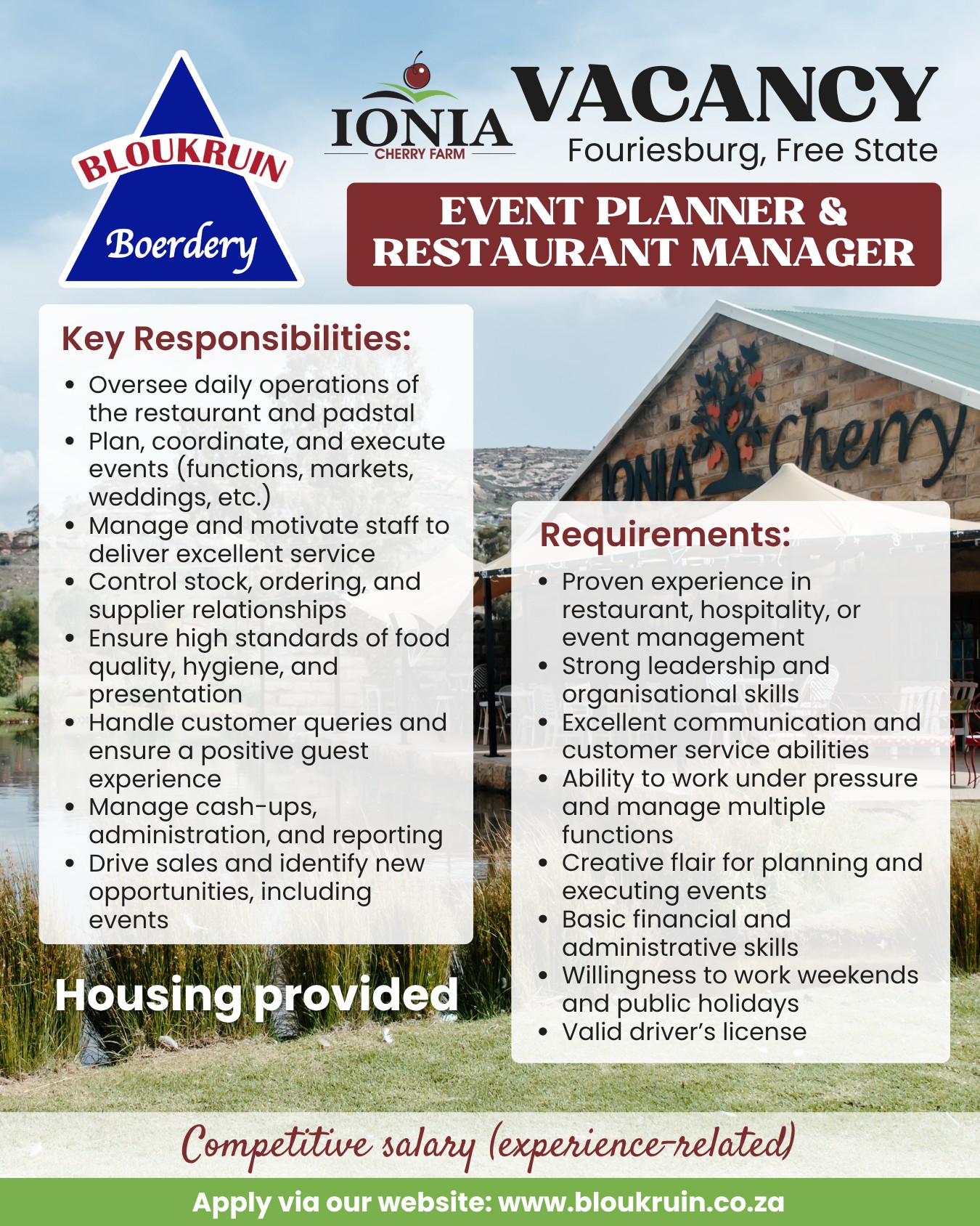 Join a vibrant team at Ionia Padstal! We are looking for a passionate, hands-on, and experienced Restaurant, Padstal & Event Manager who loves food, people, and the art of creating memorable events.
If you thrive in a dynamic environment and have a creative flair for planning functions and markets, we want to hear from you.
π Based at Ionia Padstal near Fouriesburg, Eastern Free State.
Apply via our website: www.bloukruin.co.za
#IoniaPadstal #JobOpportunity #RestaurantManager