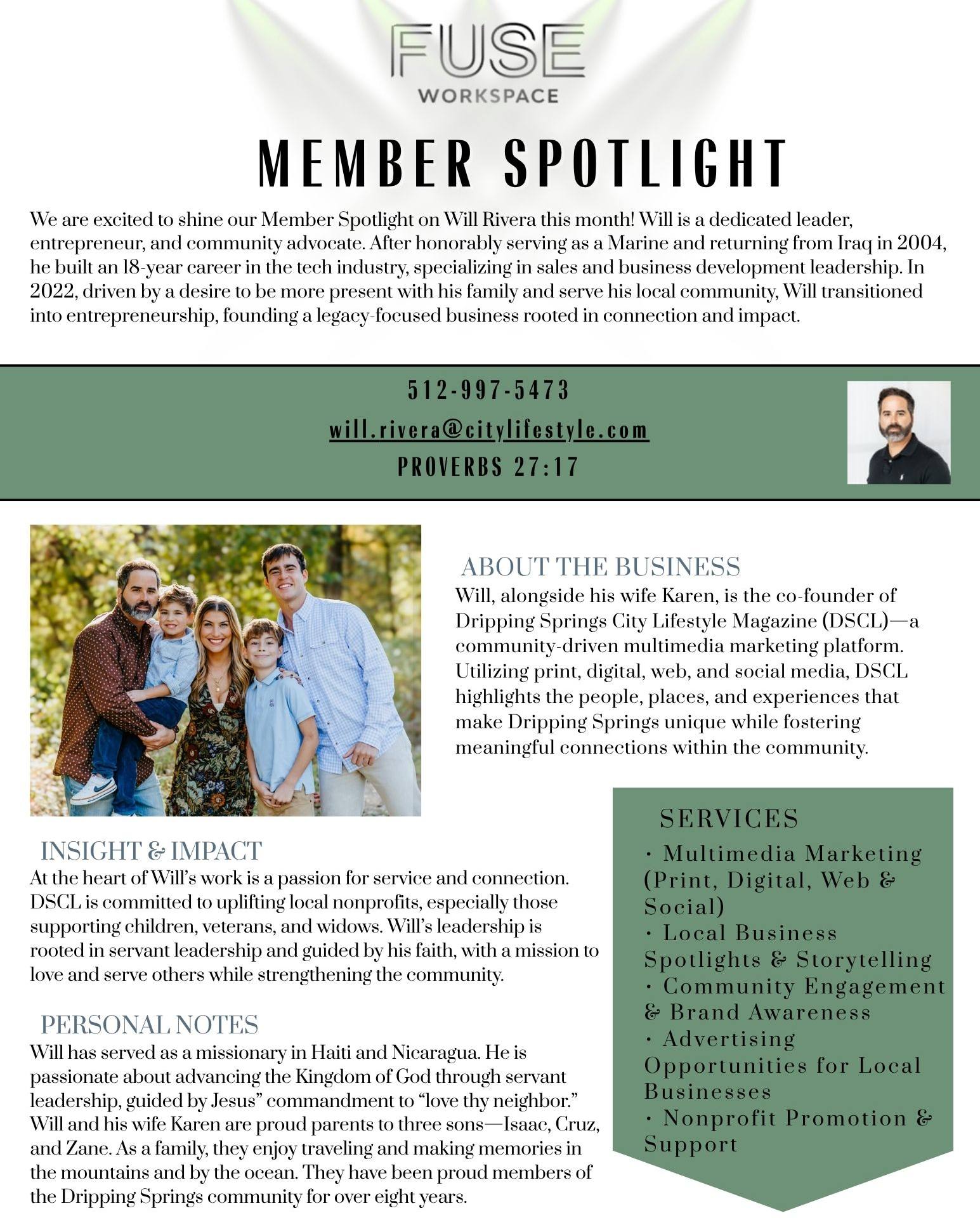 🌟 Member Spotlight: Will Rivera 🌟
This month, we’re proud to shine the spotlight on one of our incredible members, Will Rivera — a true example of leadership, resilience, and purpose-driven entrepreneurship.
After honorably serving as a Marine and returning from Iraq in 2004, Will went on to build an impressive 18-year career in the tech industry, where he specialized in sales and business development leadership.
In 2022, with a strong desire to be more present with his family and make a deeper impact in his local community, Will made the bold transition into entrepreneurship. Today, he leads a legacy-focused business rooted in connection, service, and meaningful impact.
We’re grateful to have Will as part of our community and inspired by the passion and purpose he brings every day. 👏
#FUSEWorkspace #MemberSpotlight #Entrepreneurship #VeteranOwned #CommunityDriven #DoMore
