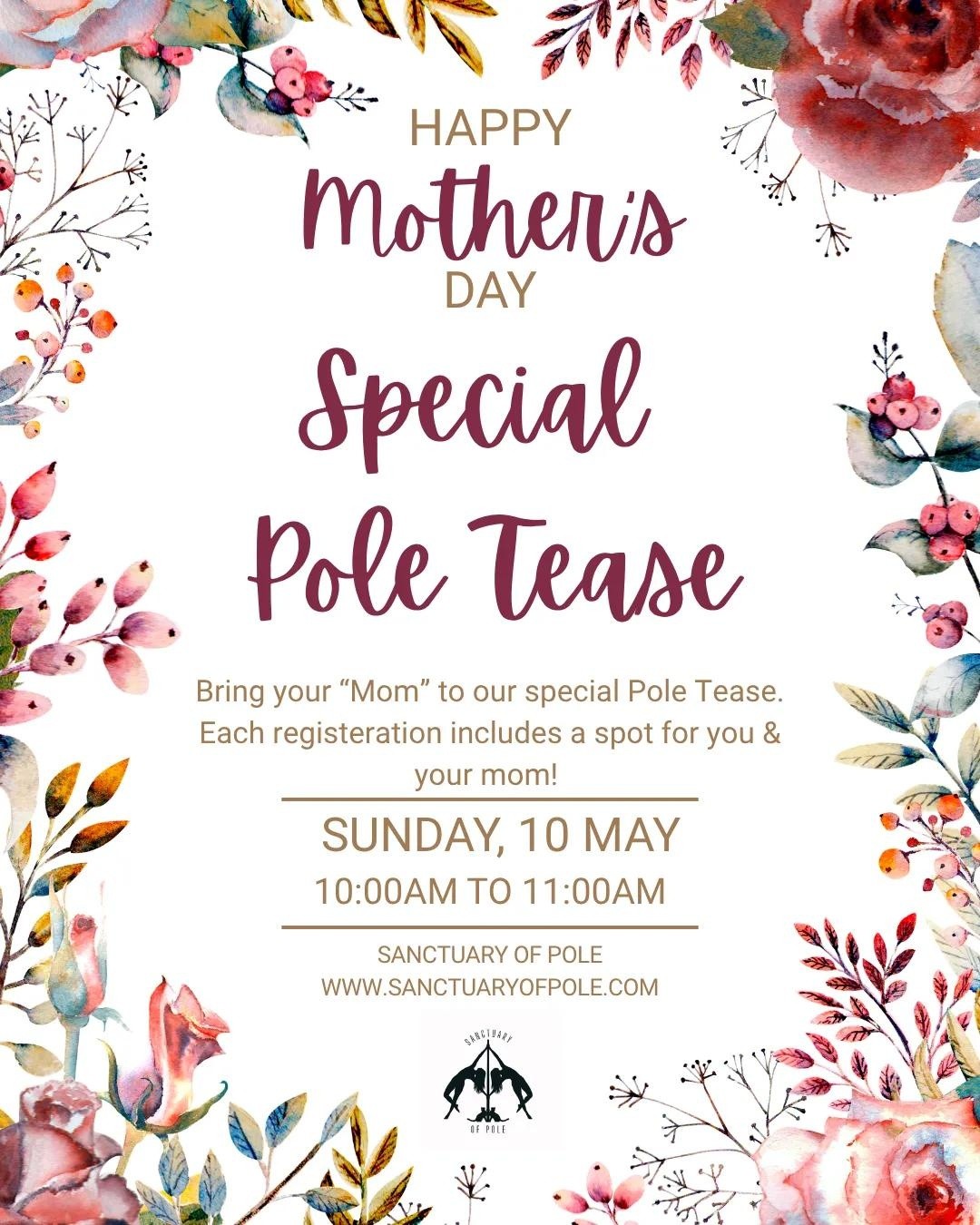 Mother’s Day at Sanctuary of Pole 💐✨
This year, we’re giving you the perfect excuse to bring Mom with you 💕
Register for class and your spot covers YOU + MOM — yes, Mom comes FREE!
Join us for:
💃 Pole Tease at 10AM (our intro class)
🪑 Have A Seat Chair Class at 11AM
Laugh, move, and make memories together in a fun, supportive space. Whether it’s her first time or she’s ready to surprise you, this is a vibe you don’t want to miss 💋
⚠️ Very limited spots available
✔️ Registration required
Grab your spot and bring Mom for an unforgettable Mother’s Day experience 💖