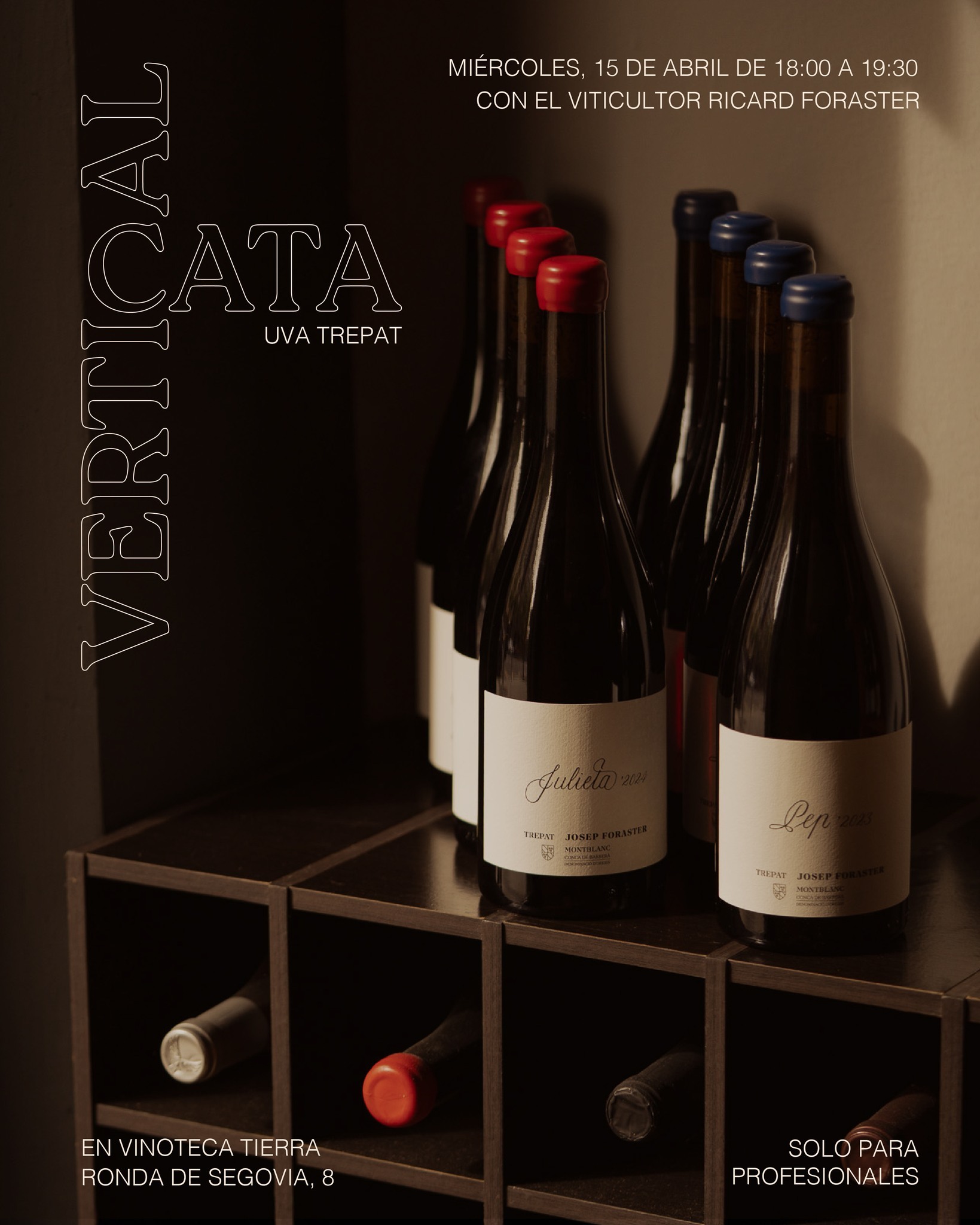 El próximo miércoles 15 de abril a las 18:00, organizamos una cata dedicada a la uva Trepat.
De la mano del viticultor Ricard Foraster, realizaremos una cata vertical en la que exploraremos en profundidad la evolución de esta variedad a través de 4 añadas de dos de sus vinos más emblemáticos: Julieta y Pep.
Pensada para profundizar en estilo y expresión de terroir, dirigida exclusivamente a profesionales del sector.
📅 15 de abril
🕕 18:00
👤 Ricard Foraster
🔒 Exclusivo profesionales
⚠️ Imprescindible confirmación de asistencia
🎟️ Plazas limitadas