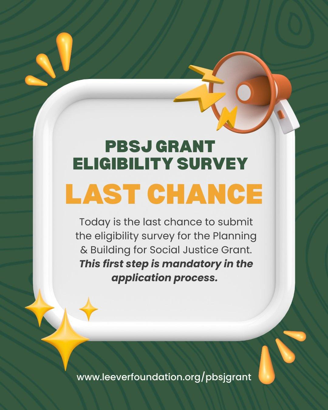 Today is the last chance to complete the eligibility survey for the Planning and Building for
Social Justice Grant. The survey takes 15 minutes. Link in bio.
#LeeverFoundation #WaterburyCT #GrantOpportunity #SocialJusticeGrants #ConnecticutGrants