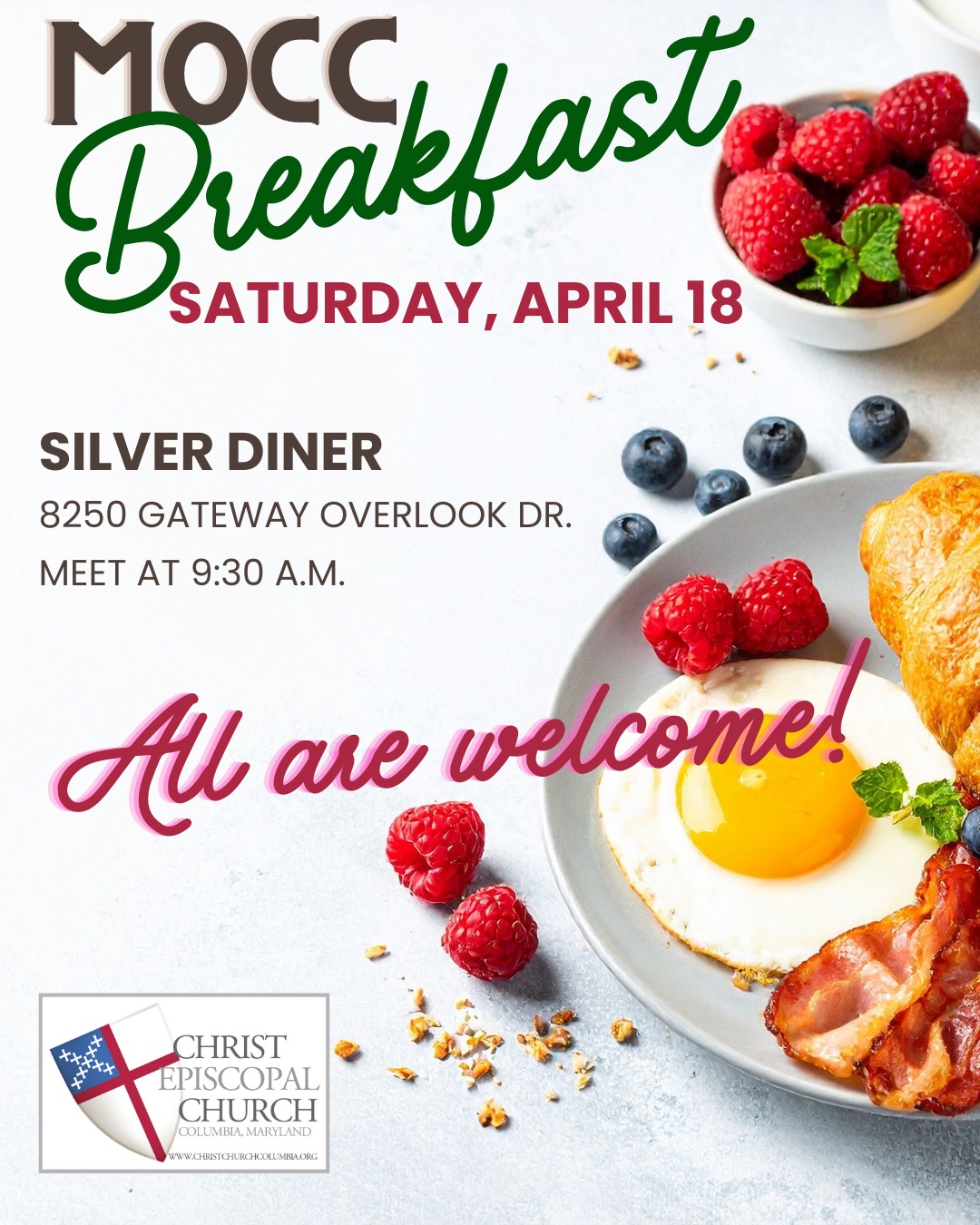 MOCC Breakfast - This Saturday Morning
Join us for "French Toast and Fellowship" - the MOCC breakfast is a monthly tradition, and in April, it will take place this Saturday, April 18th. Set your GPS to Silver Diner at 8250 Gateway Overlook Drive in Columbia. We'll gather at 9:30 a.m., and everyone is welcome to join us. You can also set a calendar reminder on your phone for every third Saturday of a month, for that's when we always meet up for this fun start to our weekend.
And be sure to mark your calendars for our first annual Family BBQ and Picnic... it takes place at Christ Church next weekend! Sign up for updates and news - info@christchurchcolumbia.org