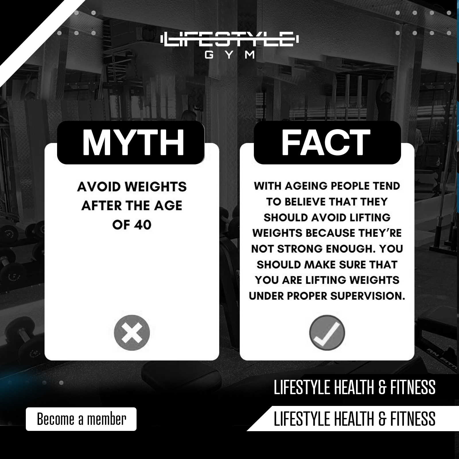 Age is not a limitation — it’s a reason to train smarter.
Strength training helps improve mobility, bone health, and overall strength at any age.
Train safely. Train confidently. Train with us.
#LifestyleGym #MythVsFact #StrengthAtAnyAge #HealthyLiving #FitnessEducation