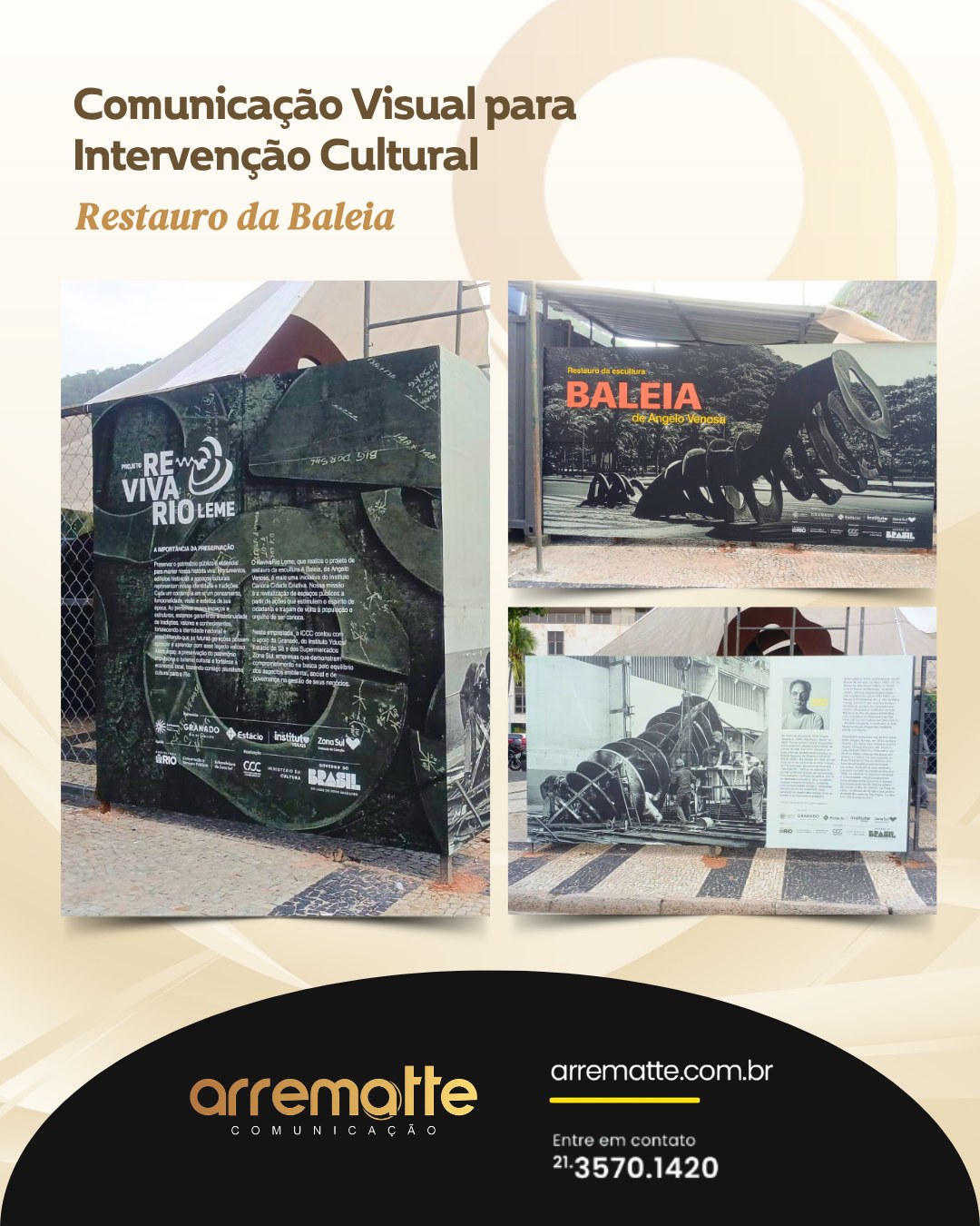 Projetos culturais exigem mais do que estética, exigem responsabilidade na forma como a informação é apresentada ao público.
Neste trabalho, desenvolvemos a comunicação visual para o processo de restauro da escultura “Baleia”, de Angelo Venosa, garantindo clareza, contexto e integração com o espaço urbano.
• painéis informativos de grande formato
• aplicação em área externa
• resistência e durabilidade dos materiais
• leitura acessível para o público em circulação
Mais do que sinalizar, o objetivo foi traduzir o projeto e dar visibilidade ao processo de revitalização da obra.
Comunicação visual, nesse caso, não é suporte, é parte da experiência cultural.
Arrematte Comunicação
Execução técnica para projetos que exigem contexto, escala e precisão.
#ComunicaçãoVisual
#ProjetoCultural
#SinalizaçãoUrbana
#IntervençãoUrbana
#ArrematteComunicação