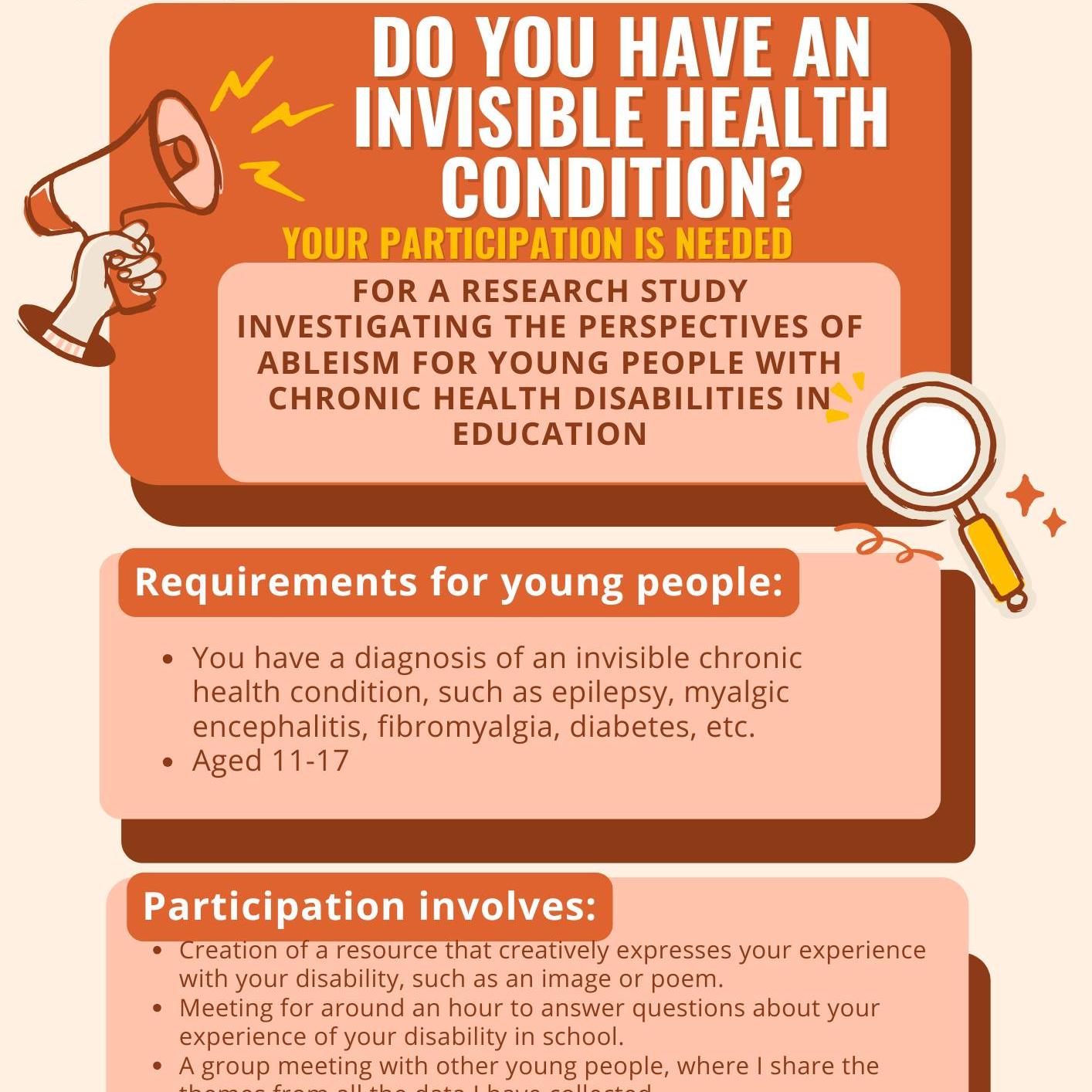 We have been asked to share this opportunity
📣 Could your family take part in important university research?
Chloe Trussler is a trainee educational psychologist completing her doctorate at the University of Southampton. She is looking for families to take part in a study on the perspectives of ableism for young people with invisible chronic health disabilities in education.
Who she's looking for:
🔹 Young people of secondary school age with a diagnosis of an invisible chronic health condition
🔹 Parents of secondary school-aged children with a chronic health condition (diagnosed or awaiting diagnosis)
What's involved for young people?
🔹 Creating something creative to express their experience — a picture, poem, or similar
🔹 A one-to-one online meeting of around one hour
🔹 Two group meetings to discuss research themes and help shape a resource
🔹 A £20 voucher as a thank you
What's involved for parents?
🔹 A one-to-one online meeting of around one hour
🔹 A £20 voucher as a thank you
Everything shared is kept completely confidential, and participation is entirely voluntary. This study has been ethically approved by the University of Southampton Research and Ethics Governance Committee.
To find out more or to express an interest, please contact Chloe directly at 📧 ct2n24@soton.ac.uk.
Please note that LCK was not involved in the design on this research.
#LongCovidKids #InvisibleIllness #ChronicHealth #MEcfs #LongCovid #YoungPeople #InclusiveEducation #Research #ChronicIllnessCommunity #YouAreNotAlone