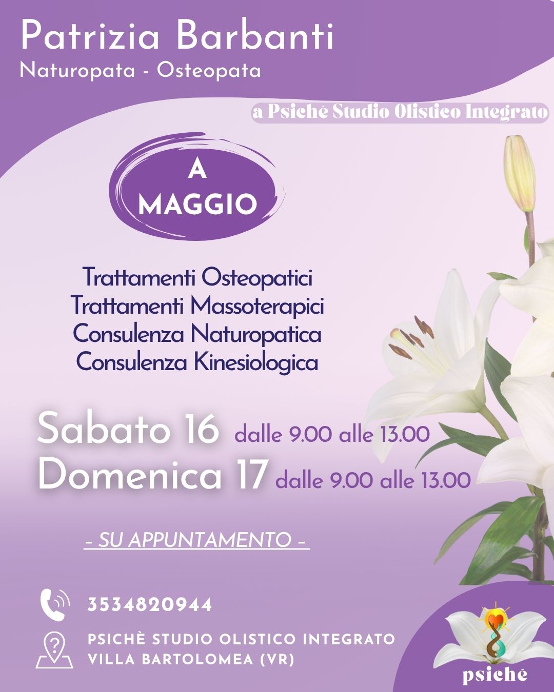 In occasione dell’OpenDay, potrai conoscere la nostra Osteopata e Naturopata, che si prende cura da un anno e mezzo dei clienti e pazienti di Psiché, con amore, dedizione e costanza.
Patrizia Barbanti, che ogni mese viene dalla provincia di Milano, è al servizio come tutta l’equipe di Psiché e porta avanti con forza il suo impegno qui a Villa Bartolomea.
Se vuoi conoscere Patrizia, partecipa all’OpenDay del 16 maggio!