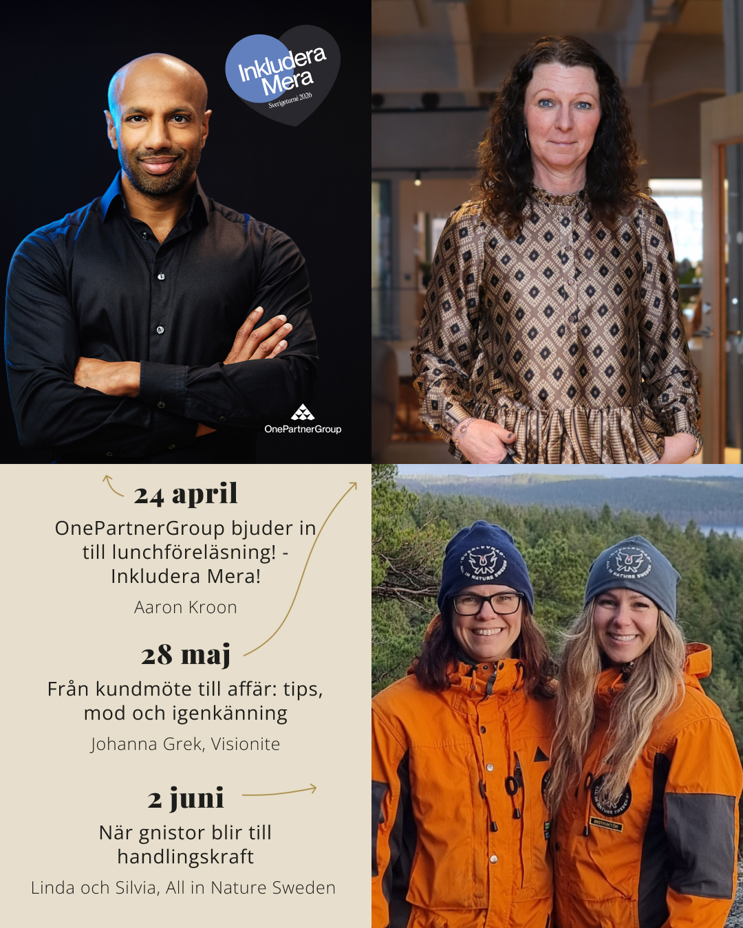 Våren på KAVAI bjuder på tre olika perspektiv – men med ett gemensamt fokus: att stärka människor, ledarskap och organisationer i en tid som ställer nya krav på oss.
Först ut den 24 april möter vi Aaron Kroon i en lunchföreläsning om inkludering i praktiken. Med tydlig koppling till affärsnytta, kultur och ledarskap visar han hur små beteenden i vardagen kan få stor effekt – på samarbete, rekrytering och resultat. En föreläsning som både berör och ger konkreta verktyg att ta vidare direkt in i organisationen. Föreläsningen är en del av @onepartnergroups turné Inkludera Mera.
Därefter, den 28 maj träffar vi Johanna Grek från Visionite som delar sina erfarenheter från över 20 år inom försäljning och ledarskap. Med ett ärligt och jordnära perspektiv pratar hon om modet att be om affären, att bygga förtroende och att hitta ett mer hållbart och mänskligt sätt att arbeta med försäljning. Här handlar det inte om perfektion utan om att våga, testa och utvecklas.
Den 2 juni avrundar vi våren med en halvdagsutbildning tillsammans med All in Nature där vi lämnar konferensrummet och flyttar ut i naturen. Under ledning av Silvia och Linda får vi arbeta praktiskt med överlevnadskunskap, men framför allt med det som ligger bakom: prioriteringar, samarbete, självledarskap och förmågan att agera när det oväntade händer. En upplevelse som stärker både trygghet och handlingskraft.
Vi hoppas att du vill vara med.
#mångfald #ledarskap #inkludering #kvinnligtnätverk #företagskultur #kvinnligtentreprenörskap #kavai_boost_business