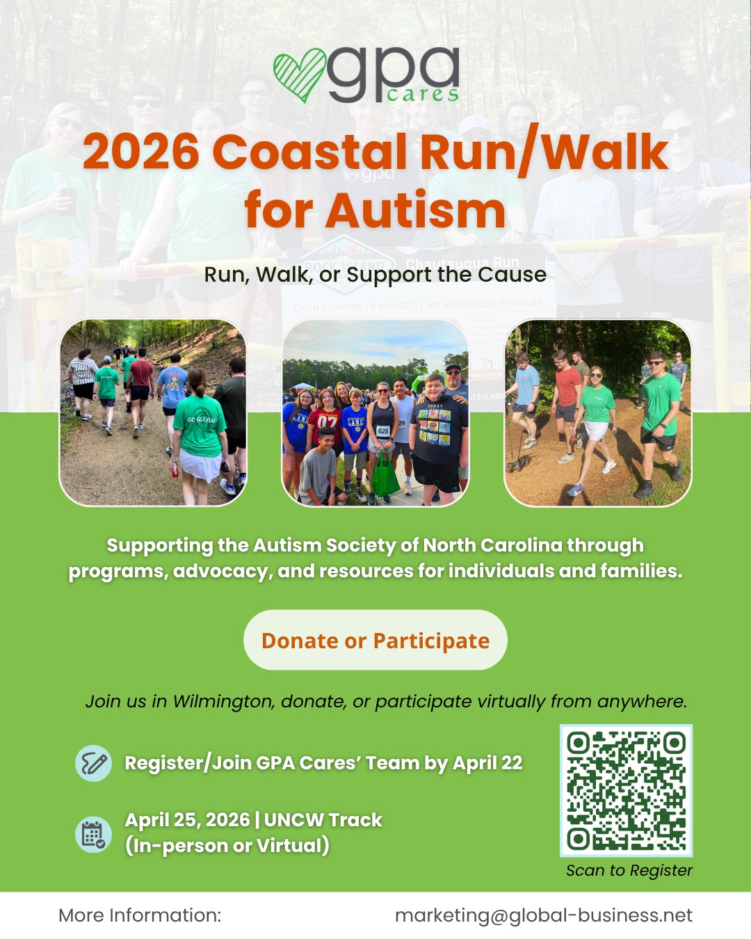 GPA Cares is proud to support the 2026 Coastal Run/Walk for Autism, and we’d love to have you join our team.
Whether you’re able to be in Wilmington or want to participate virtually, this is an opportunity to come together for a meaningful cause and support individuals and families impacted by autism across North Carolina.
Registration is open now through April 22, and there are multiple ways to get involved. You can join the team, participate virtually, or support the cause through a donation.
Join GPA Cares’ team, donate, or learn more here: http://support.autismsociety-nc.org/goto/GPACares2026
#GPACares #AutismAwareness #CommunityImpact #RunWalk #GiveBack