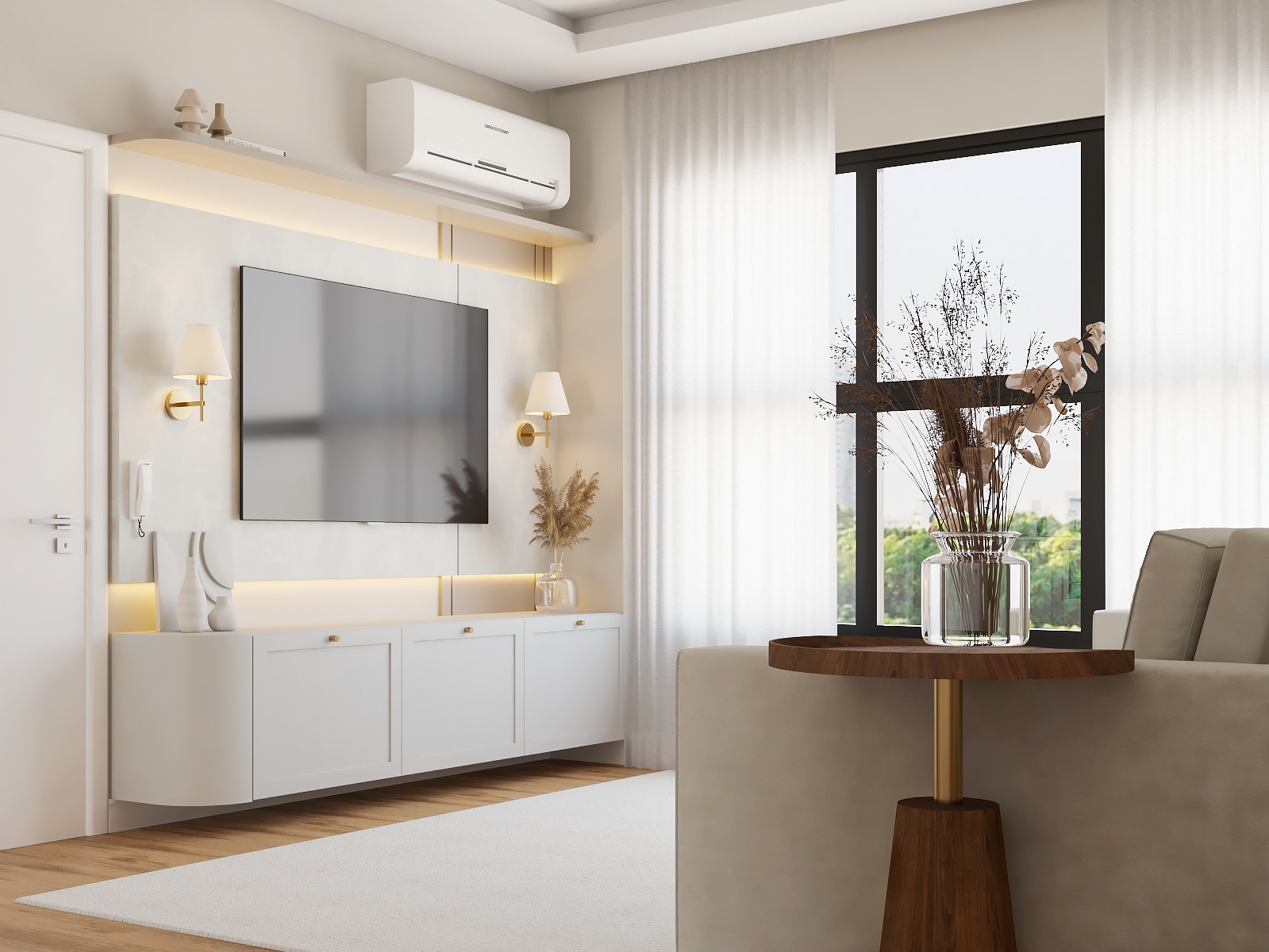 Uma sala leve, acolhedora e cheia de luz…
um espaço pensado para desacelerar, viver e criar memórias a dois. 🤍