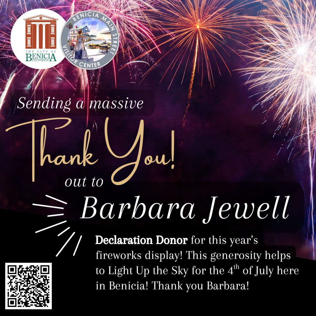 Help LIGHT UP THE SKY this 4th of July! 🎆 Benicia, we’re raising funds right now to bring back the 2026 4th of July fireworks show—and to celebrate 250 years of American independence in a big way! 🇺🇸
- On July 3rd, Benicia Main Street will once again host our beloved Torchlight Parade.
- On July 4th, with your help, we’ll fill the waterfront sky with fireworks for the whole community to enjoy.
Our goal: $50,000
This covers the fireworks display, plus essentials like cleanup, portable restrooms, and equipment rentals.
HOW YOU CAN HELP:
💳 Donate as an individual or business—every dollar counts.
⭐ Become a Sponsor (from $100 up to $10,000) and enjoy perks like:
- Name & logo recognition
- Parade banner visibility
- Prime-viewing seats for the fireworks
- An exclusive pre-fireworks reception
👥 OR Form a KaBOOM! Fundraising Team
Teams can be local businesses, community groups, neighbors, or friends & family. Raise funds, send us your best fun “smack talk”, and we’ll share highlights on social for extra buzz!
- Top 3 teams win PRIME-VIEWING SEATS + PRE-FIREWORKS RECEPTION
🔗 DONATE OR REGISTER YOUR TEAM TODAY at BeniciaMainStreet.org (under "Events") or give in person at our clear collection box:
- Benicia Main Street Visitor Center
- Benicia Certified Market, Thursdays starting April 30, 2026
Let's come together to light up Benicia's sky & spirit for America’s 250th! ✨ Link in bio
#LightUpTheBeniciaSky #BeniciaFireworks #BeniciaCommunity