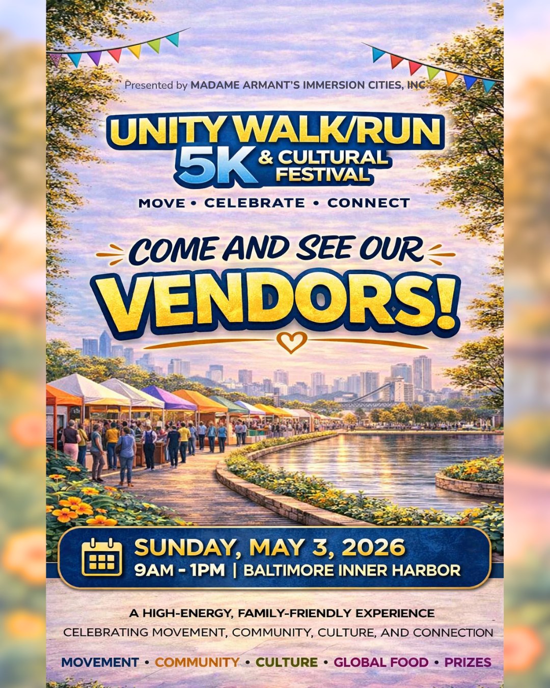 ✨ Come & See Our Vendors! ✨
The Unity Walk/Run 5K & Cultural Festival isn’t just about the run—it’s a whole experience 💙
Explore a vibrant mix of: Global flavors, Unique finds, Local businesses and Culture & community.
Whether you’re running, walking, or just coming for the vibes—our vendors are ready for you 👀
📍 Baltimore Inner Harbor
📅 Sunday, May 3, 2026
⏰ 9AM – 1PM
Bring your friends, bring your family, and come support amazing vendors from the community!
#UnityWalk #ImmersionCities #SupportLocal #VendorMarket #BaltimoreEvents #CulturalFestival #ShopLocal #CommunityEvent