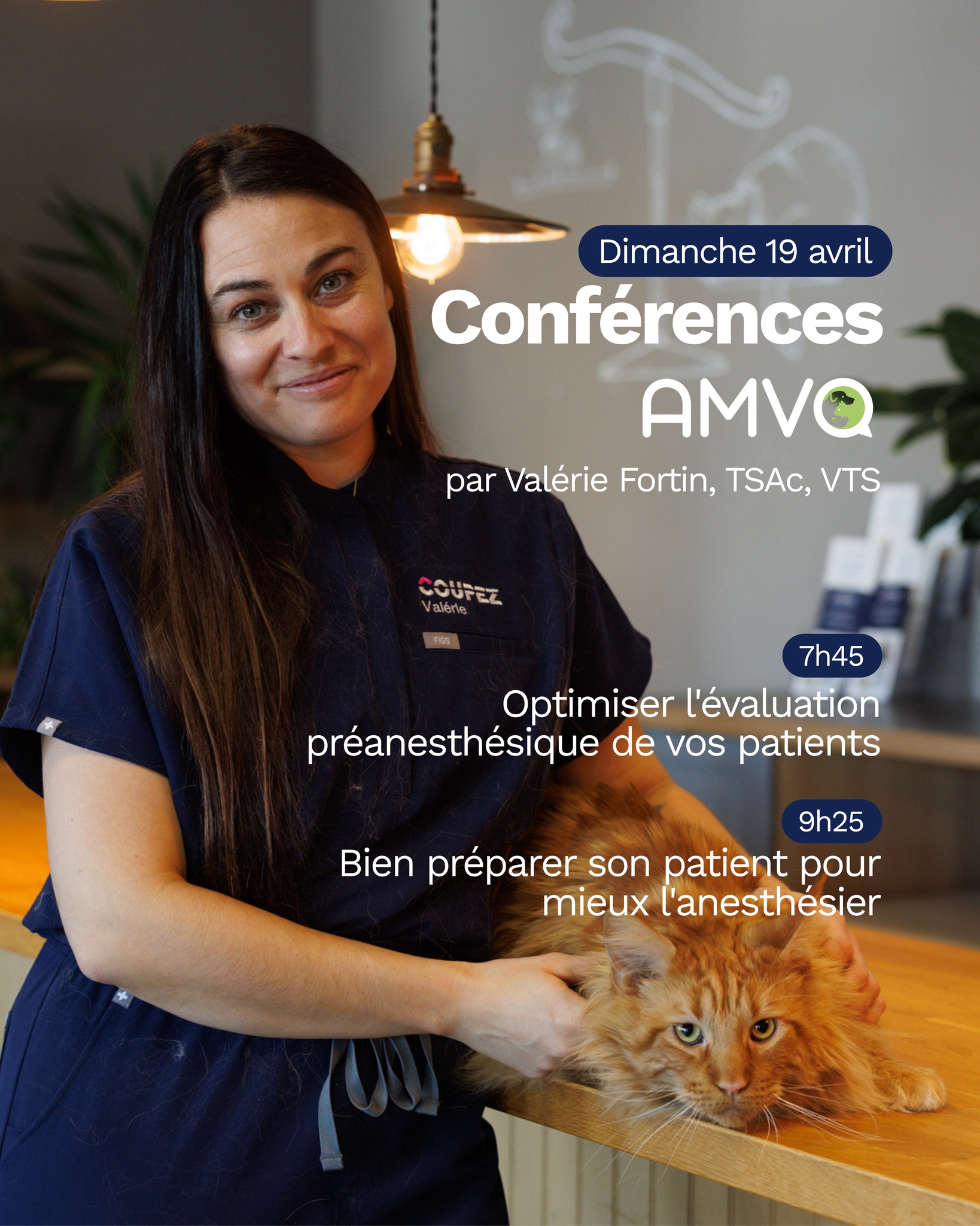 Saviez-vous que "the one and only" Valérie Fortin présentera deux conférences ce dimanche 19 avril au Congrès de l’AMVQ?
Ayant obtenu son VTS (Veterinary Technician Specialist) en anesthésie et analgésie en 2023, elle fait partie des rares TSAc spécialisées au Québec. La chance qu'on a de pouvoir compter sur son expertise pour les patients opérés par Coupez!
Assistez à ses conférences ce dimanche à 7 h 45 et 9 h 25 afin d’en apprendre plus sur l’anesthésie de vos patients. C'est tôt, mais ça vaut le coup - promis. 😉