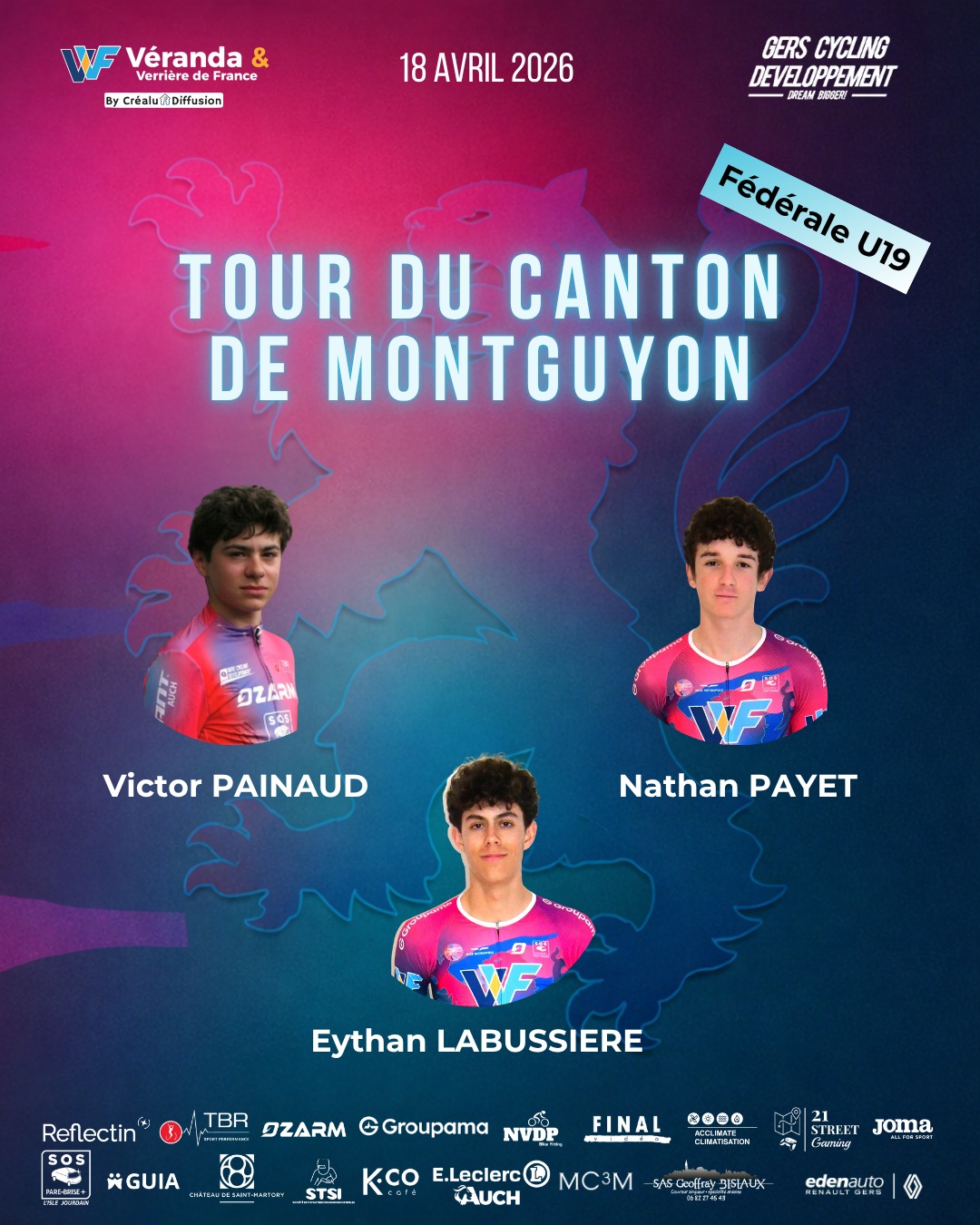 📍 Direction la Charente-Maritime ce week-end.
Le Gers Cycling Développement sera au départ du Tour du Canton de Montguyon à La Barde (17), une course fédérale U19 exigeante où trois de nos Mousquetaires seront au départ.
🗓 Samedi 18 avril
📍 La Barde (17)
⏰ Départ : 14h
On y va avec sérieux et ambition, en restant fidèles à ce qui nous construit : travail, collectif et progression.
Place à la course. 🚴♂️🔥
#GersCyclingDeveloppement #U19 #Cyclisme #EspritEquipe #Formation #objectifperformance
@crealudiffusion
@eleclercauch
@sosparebrisepluslislejourdain
@ozarm_custom
@21street_gaming
@jomasport
@groupamaoc
@sonia.reflectin
STSI
@chateausaintmartory
GUIA
@kcocafe
@nvdp_bikefitting
@tbrsportperformance
MC3M
@final__video
SAS GEOFFRAY BISIAUX
@teamnicemetropolecotedazur_