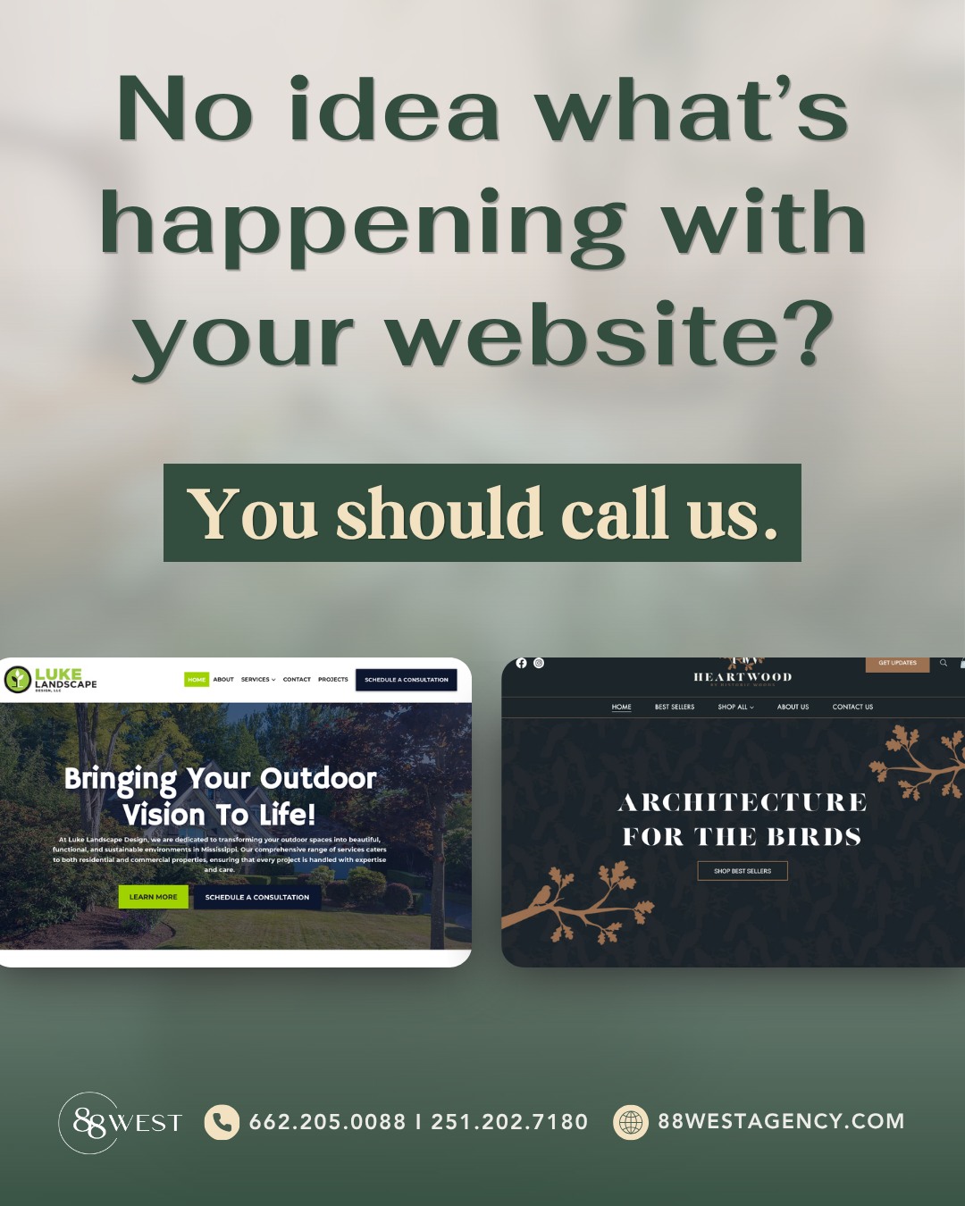 Clients who received a website from someone else always come back to us. Even though they may have paid less, they end up paying more in the long run. Their website breaks or they realize they never had ownership. We know that sounds pretty wild, but it happens all the time.
Transparency is critical. If your current marketing agency isn’t giving you straightforward answers or access, reach out to us.
-
📞 662.205.0088 | 251.202.7180
💻 88westagency.com
-
#88West #88WestAgency #NorthMS #ALGulfCoast #MSGulfCoast #TupeloMS #GulfShoresAL #HuntsvilleAL #SoutheastBusiness #WebDesign #MobileFriendly #WebsiteExpert #SEOandGEO #BrandAgency #SoutheastMarketing #BrandDesign
