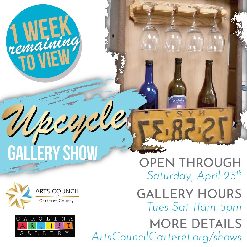 ⏳ Only ONE WEEK remains to view our current Gallery Show, Upcycle ♻️ Found Objects, Repurposed and Recycled Art. DON'T MISS IT!
This unique show includes artists of all backgrounds that transform discarded or unwanted items into unique works of art, highlighting the importance of sustainability and creative reuse. The show features a diverse range of upcycled pieces, from sculptures to paintings and photography depicting the transformation of discarded materials.
What: Gallery Show "Upcycle"
When: Open through Saturday, April 25
Dates/Times: During Gallery Hours (Tue-Sat 11am-5pm)
More Info: ArtsCouncilCarteret.org/shows
#artscouncil #artistcall #artopportunities #carteretcountyarts #crystalcoast #artshow #galleryshow