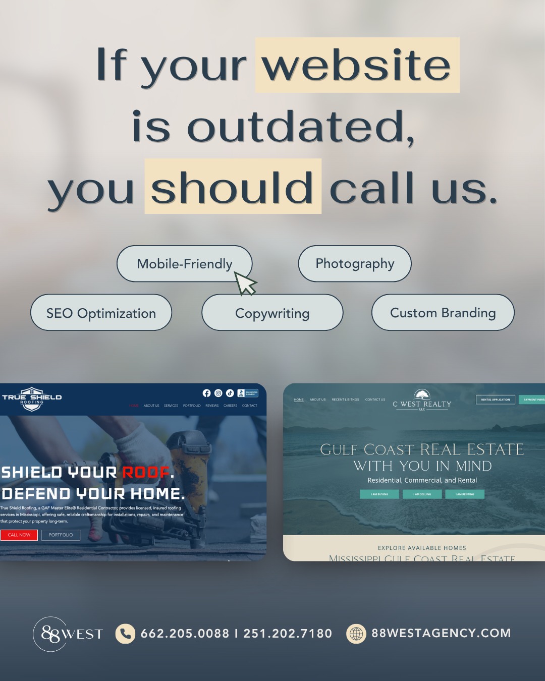 Do you have a website?
No. ➡️ Call us immediately!
Yes, but the information is more than 6 months old and no one is updating it. ➡️ Call us immediately!
Your website is a reflection of your products and services. Is it representing your business properly? Let’s chat.
-
📞 662.205.0088 | 251.202.7180
💻 88westagency.com
-
#88West #88WestAgency #NorthMS #ALGulfCoast #MSGulfCoast #TupeloMS #GulfShoresAL #HuntsvilleAL #SoutheastBusiness #WebDesign #MobileFriendly #WebsiteExpert #SEOandGEO #BrandAgency #SoutheastMarketing