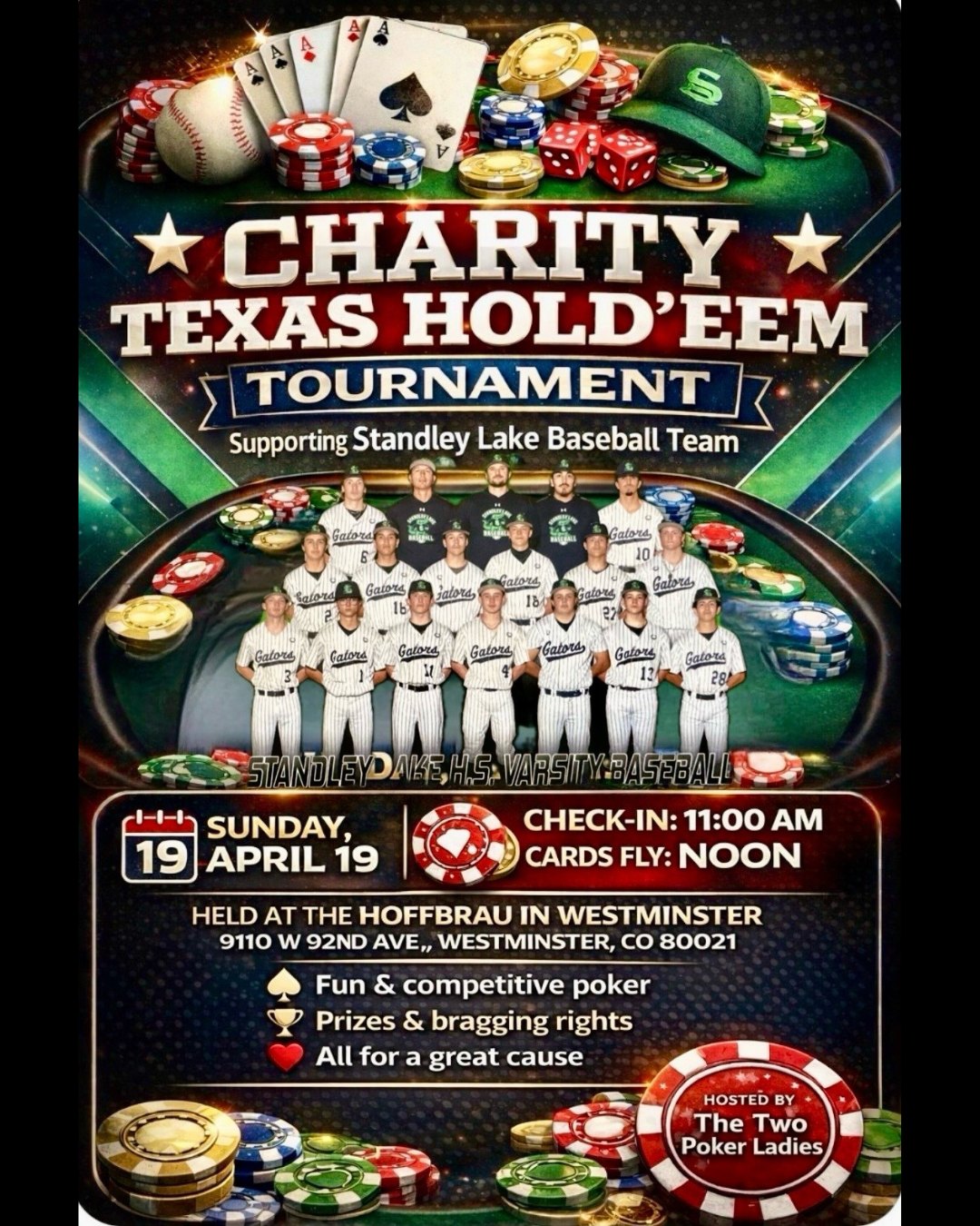 Swing into the Hoffbrau this Sunday for a Texas Hold 'em Tournament supporting the Gator Baseball Team!
Must be 21+
Cash paid at the door
Additional buy-ins available
Check in begins at 11am. Poker starts at noon!
🐊⚾♥️♠️♦️♣️
