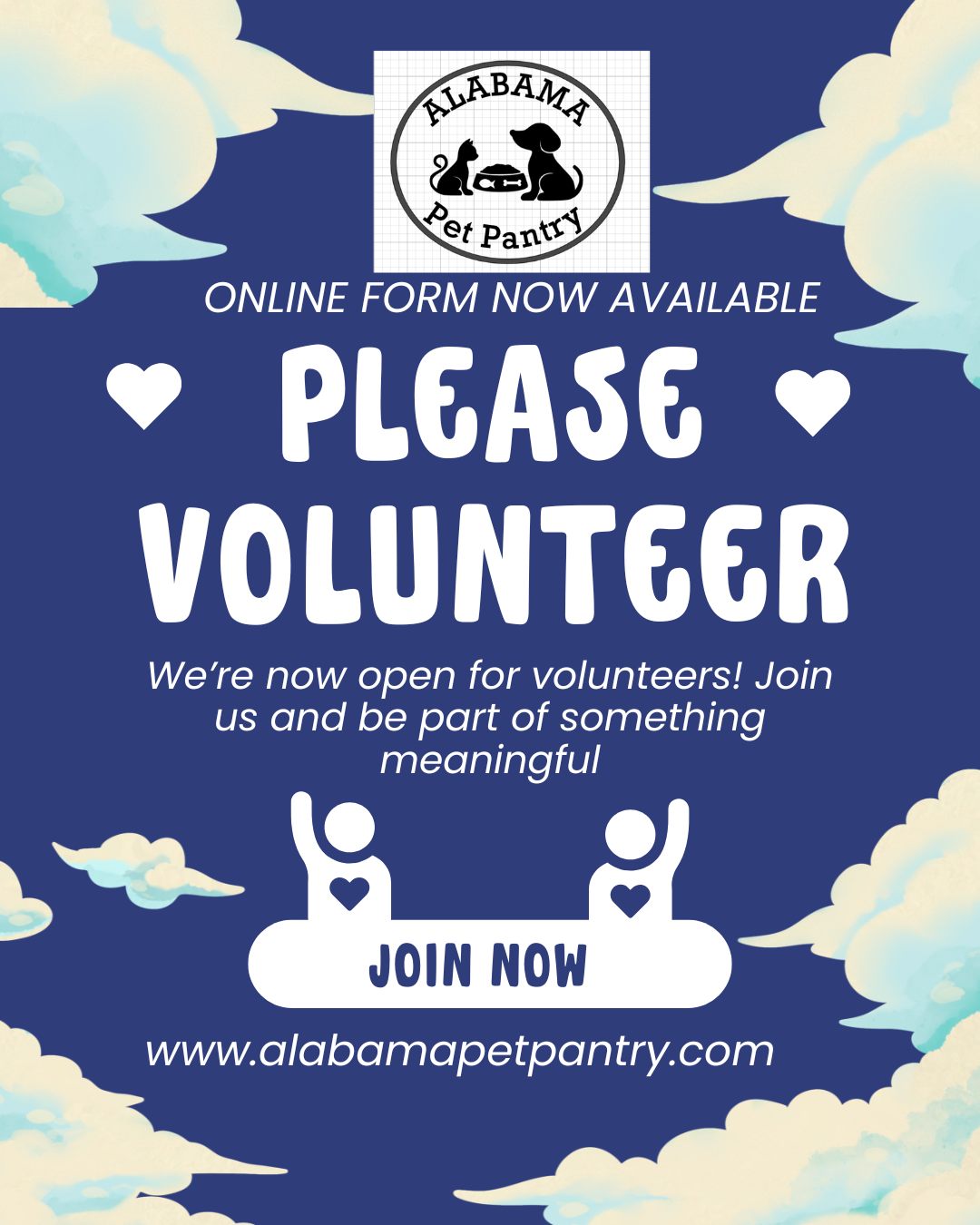 🐾🙌 Volunteers Needed! 🙌🐾
Do you love animals and want to make a real difference in your community? We’re always looking for caring, dependable volunteers to help support our mission! ❤️
Whether you have a little time or a lot, there’s a place for you on our team.
✨ Ways you can help:
📦 Help organize donations & supplies
🎉 Support community events & outreach
💙 Lend your skills wherever they’re needed most
Every helping hand makes a big impact for animals in need. 🐶🐾
💻 Learn more or sign up to volunteer: www.alabamapetpantry.com
Join us and be part of something truly meaningful!
#Volunteer #AnimalLovers #MakeADifference #CommunitySupport
