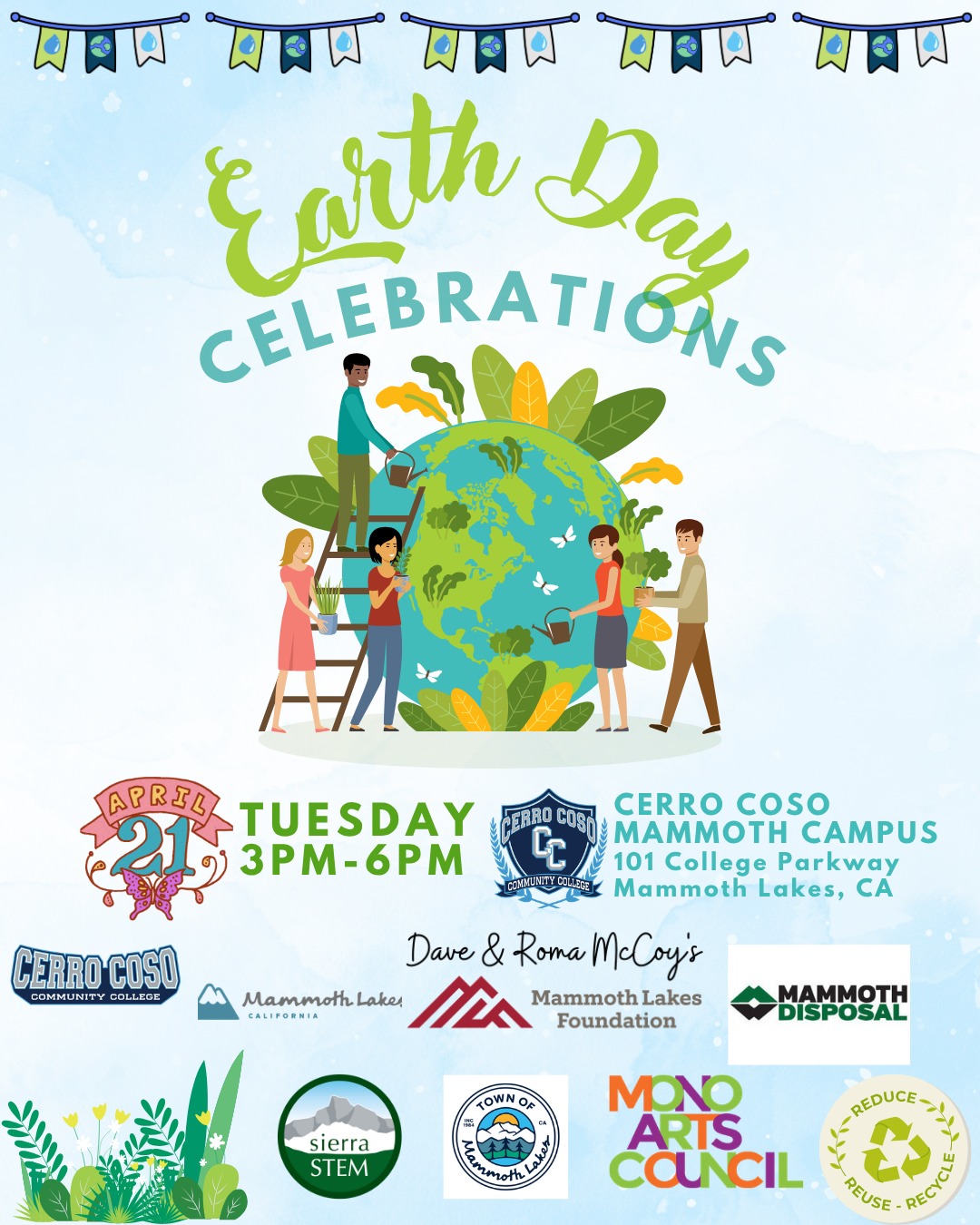 Get ready to celebrate at the Mammoth Lakes Foundation Earth Day Celebrations! 🌍✨ Join us on Tuesday, April 21, from 3-6 PM in the Cerro Coso Community College Mammoth Campus lobby at 101 College Parkway, Mammoth Lakes.
Discover inspiring stories and initiatives from 15+ amazing local organizations and businesses leading the way in sustainability. There will be sustainable art making booths, information on plants/harvesting, organic goods for sale, and much more! 🌱🎨
Let’s come together to honor our beautiful Earth and the stunning Eastern Sierra we call home. Don’t miss out on this uplifting community celebration—see you there! 🌿💚