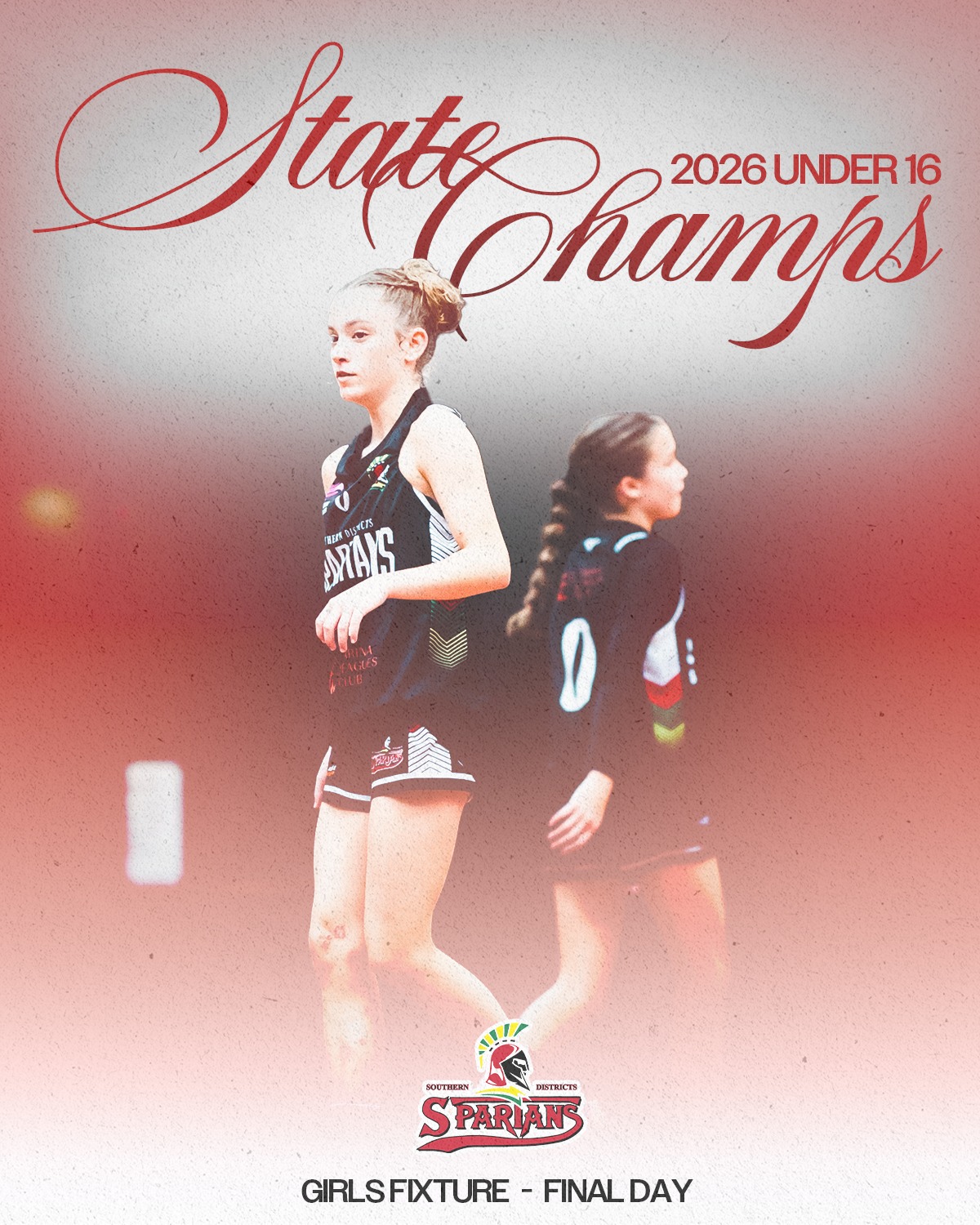 𝗨𝗡𝗗𝗘𝗥 𝟭𝟲 𝗚𝗜𝗥𝗟𝗦 𝗦𝗧𝗔𝗧𝗘 𝗖𝗛𝗔𝗠𝗣𝗦 𝗜 𝗙𝗶𝗻𝗮𝗹 𝗗𝗮𝘆
Final day of the U16 State Championships for our Girls!
3 of our teams will be battling it out for a medal today 💪🏻
🌟 Spartans Black Girls - D2 Bronze
🌟 Spartans White Girls - D3 Bronze
🌟 Spartans Red Girls - D4 Gold
Good luck everyone!
#DarksideFamily