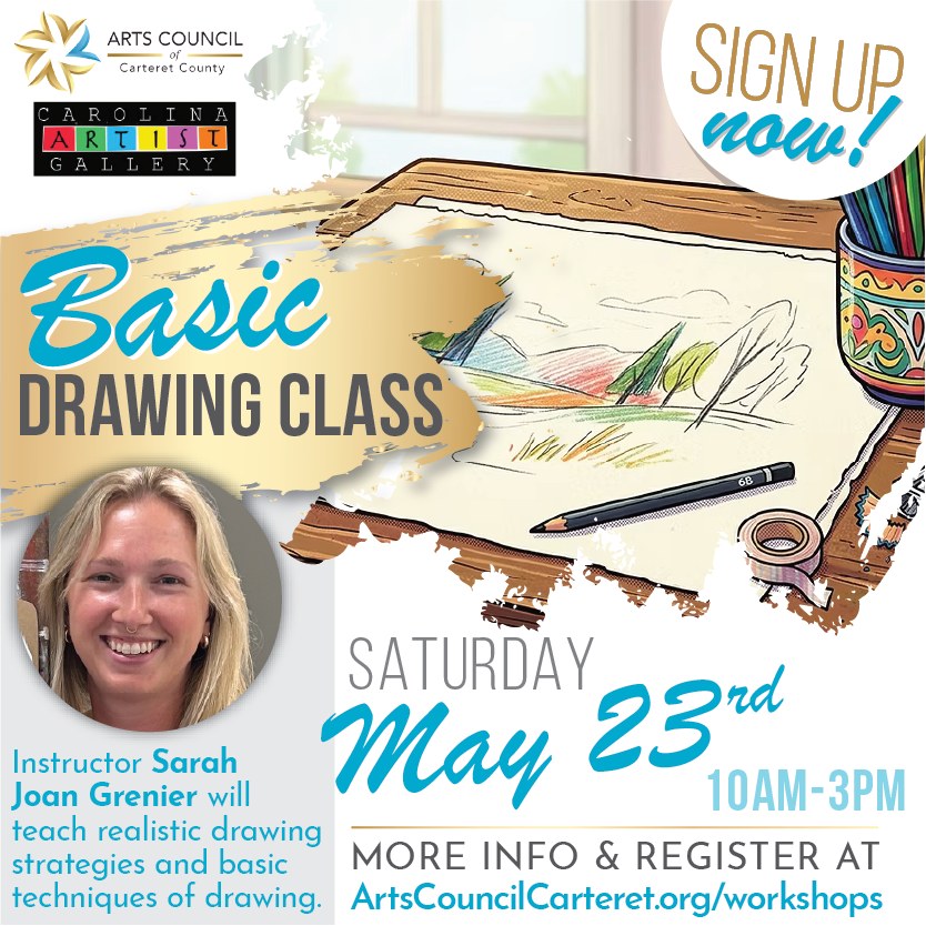 📢 REGISTER NOW! 📢 Join instructor Sarah Joan Grenier for a Saturday workshop teaching drawing techniques by exploring lines, shading, form, light, space and color.
You will learn realistic drawing strategies and practice these throughout the day with warm ups and projects. ✍️
*When: Saturday, May 23 (10am-3pm)
*Cost: $75 per student (all materials supplied)
*Where: ACCC Arts Center, 1702 Arendell Street
*Sign-up/More Info: ArtsCouncilCarteret.org/workshops
#artscouncil #artworkshop #carteretcountyarts #crystalcoast #diyart #funwithart #learntodraw #drawingclass #artworkshop