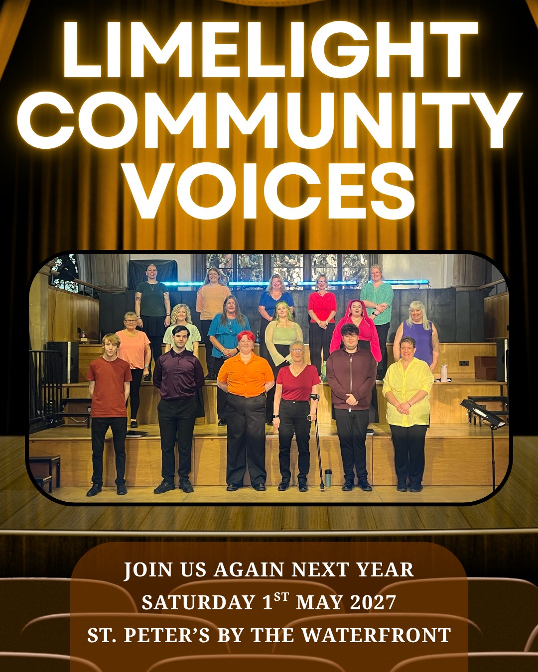 Thank you to everyone who supported our Limelight Community Voices concert yesterday! 🎤 🎭
We had a great day, and couldn't have done it without our wonderful cast, team, audience and everyone else involved! We'll share some more pictures soon 📸
We're excited to announce that we'll be returning to St. Peter's by the Waterfront on Saturday 1st May 2027, with a brand new collection of musical favourites - hope to see you there!
If you're interested in joining the voices and being a part of the next concert and other performing opportunities, contact vanessa@limelightperformers.co.uk for more information