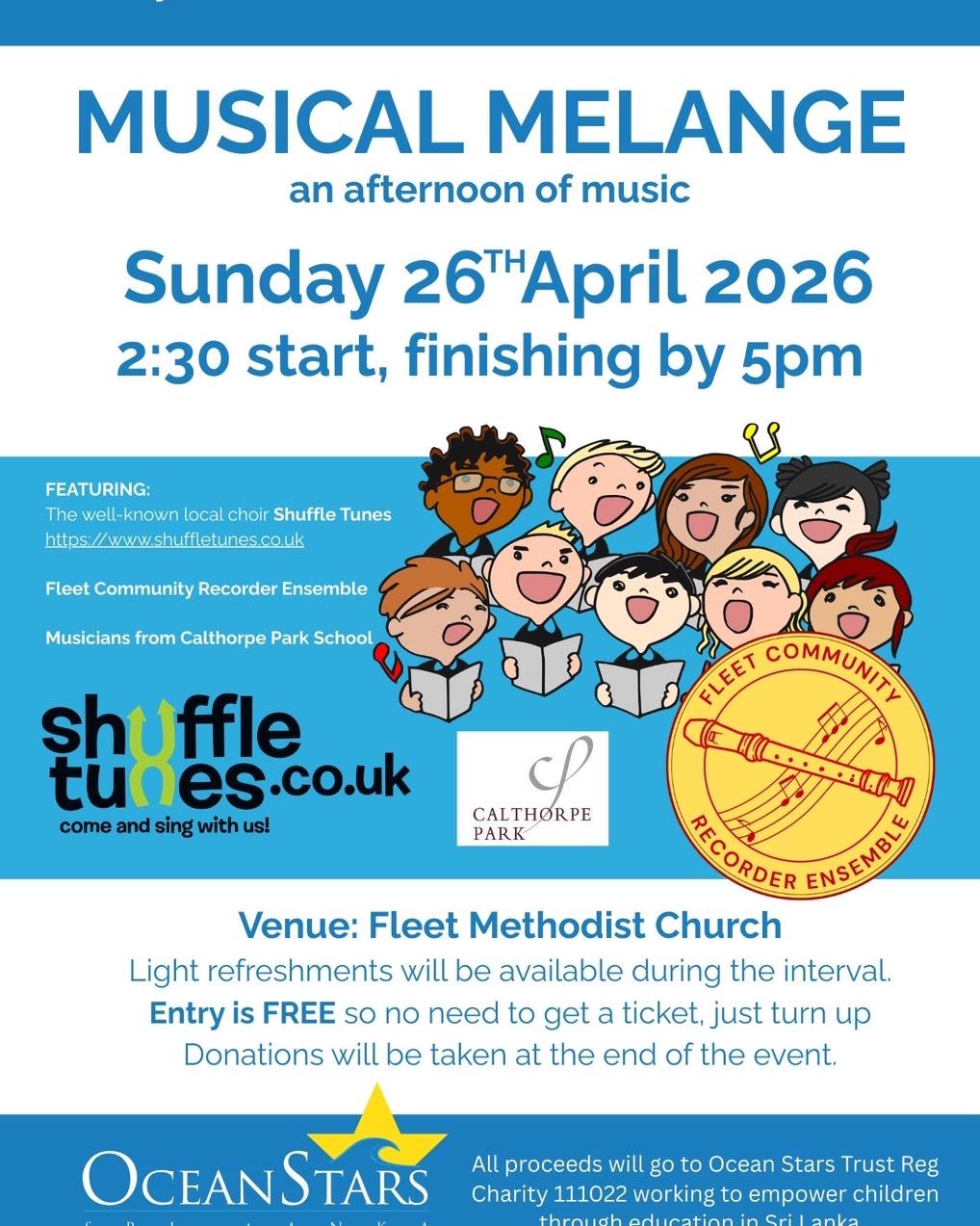 Sunday 26th! Afternoon! Time to have a good Sunday but make this concert a part of it! There’s refreshments and it’s donation only to a brilliant charity- Ocean Stars! Come along and sing along!