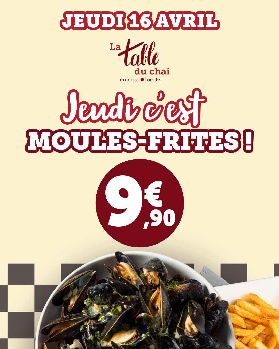 🍟MOULES-FRITES🍽️
Ce jeudi, c’est Moules Frites😍
À seulement 9,90 €✨
Venez vous régaler comme il se doit pour démarrer cette saison estivale☀️
#latableduchai #moulesfrites #cuisinelocale #été #cuisine
