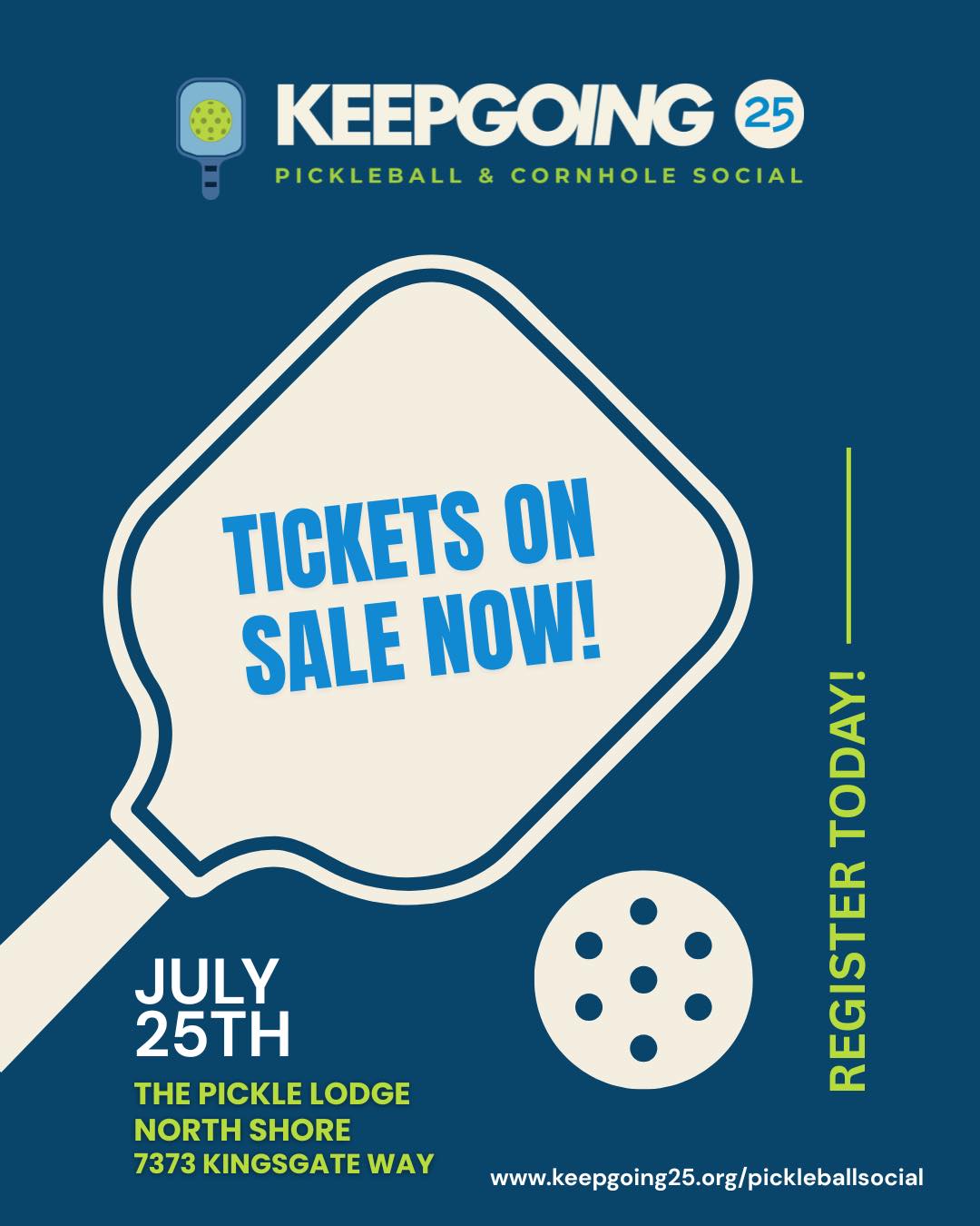 Tickets for the 3rd annual KEEP GOING 25 Pickleball & Cornhole Social are officially on sale! 🎉
🗓️: Saturday, July 25th
⏰: 12:30-4:30PM
📍: The Pickle Lodge
🎟️:
▪️$150 per pickleball team includes entry for 2 players + gifts, 1 food & drink ticket per player
▪️$50 per cornhole team includes entry for 2 players + 1 food & drink ticket each
▪️$50 for a social ticket includes 1 food + drink ticket
Every ticket supports the KEEPGOING 25 mission of empowering youth & young people through leadership, love, and service. ❤️
Grab your team, rally your friends, or come solo—we can’t wait to see you there! Get your tickets at the link in our bio.