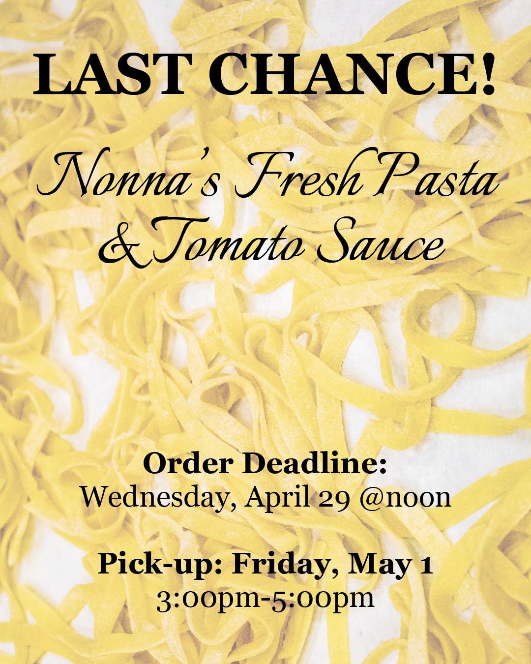 🚨 LAST CALL FOR FRESH PASTA 🚨
Tomorrow is your final chance to order our Nonne’s homemade fettuccine + tomato sauce!⏰ Orders close TOMORROW at 4PM.
🍝 Feeds 4
💲 $30
📅 Pick-up: Friday, May 1st (3pm–5pm)
Don’t miss out on this from-scratch, made-with-love Italian classic ❤️
👉 Order now before it’s too late: https://www.icckingston.com/freezerfood
#FreshPasta #NonneInTheKitchen #OrderNow #SupportLocalygk #ItalianTradition