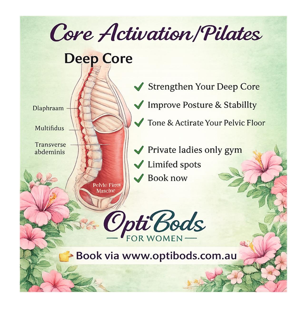 Deep core Activation / Pilates
Learn how to activate and strengthen your pelvic floor and stabilising muscles.
Wednesday 29th April 6:40pm
Limited spots available
$15 pp
Optibods.com.au