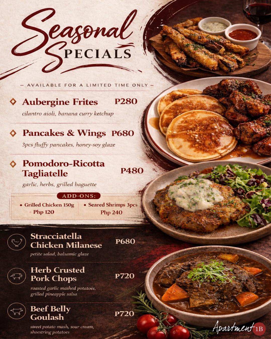 New menu just dropped. 👀
Seasonal Specials are here for a limited time only.
Available starting today at:
📍 Salcedo
📍 Arya BGC
📍 The Henry Hotel Manila
Come hungry. 🍽️
To book a table, visit www.apartment1b.com/reservations
#yummy #lunch #dinner #foodieheaven #brunch #foodlover #comfortfood #instagood #foodiesofinstagram #friends #gourmetcomfortfood #apartment1b #FoodieFinds #food #datenight #foodie #FoodieFavorites #foodielife #newmenu #specials