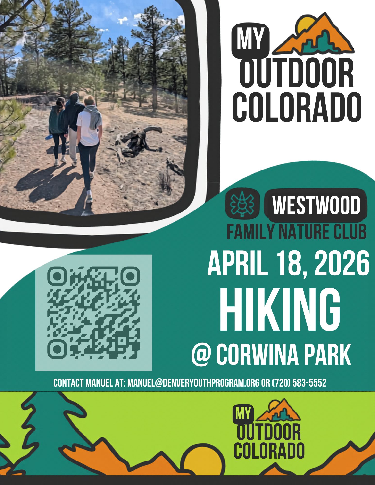 Another event coming your way this weekend!
Join us for a hike at Corwina Park with our Westwood community programs this Saturday, April 18th. Be at the Westwood Community Center by 8:00 am and expect to be home by 4:00 pm. Sign up at the QR code pictured, or at the link below.
¡Otro evento en camino para este fin de semana!
Acompáñenos a una caminata en Corwina Park con nuestros programas comunitarios de Westwood este sábado 18 de abril. Preséntese en el Centro Comunitario de Westwood a las 8:00 a. m.; se estima que estará de regreso en casa para las 4:00 p. m. Inscríbase utilizando el código QR que aparece en la imagen o a través del enlace que encontrará a continuación.
https://docs.google.com/forms/u/0/d/e/1FAIpQLSdX6N6s0ZadSoNSRzZf5-hEbVjI_Ag3sW_mQdzeFdWPeCk-0w/viewform?usp=send_form&pli=1&authuser=0