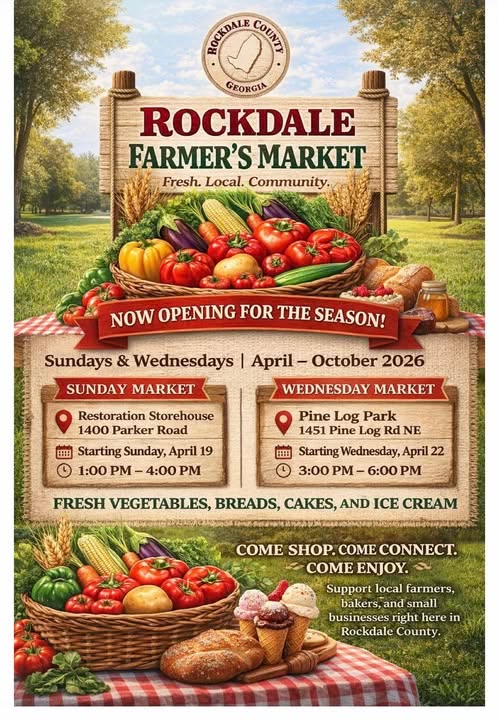 Get ready Rockdale! Enjoy the Rockdale Farmer’s Market beginning next Sunday, 4/19/26 & next Wednesday, 4/22/26.
Artisans are awaiting your arrival. Selection of fruits & vegetables will increase with the long growing season along with your favorite selections!