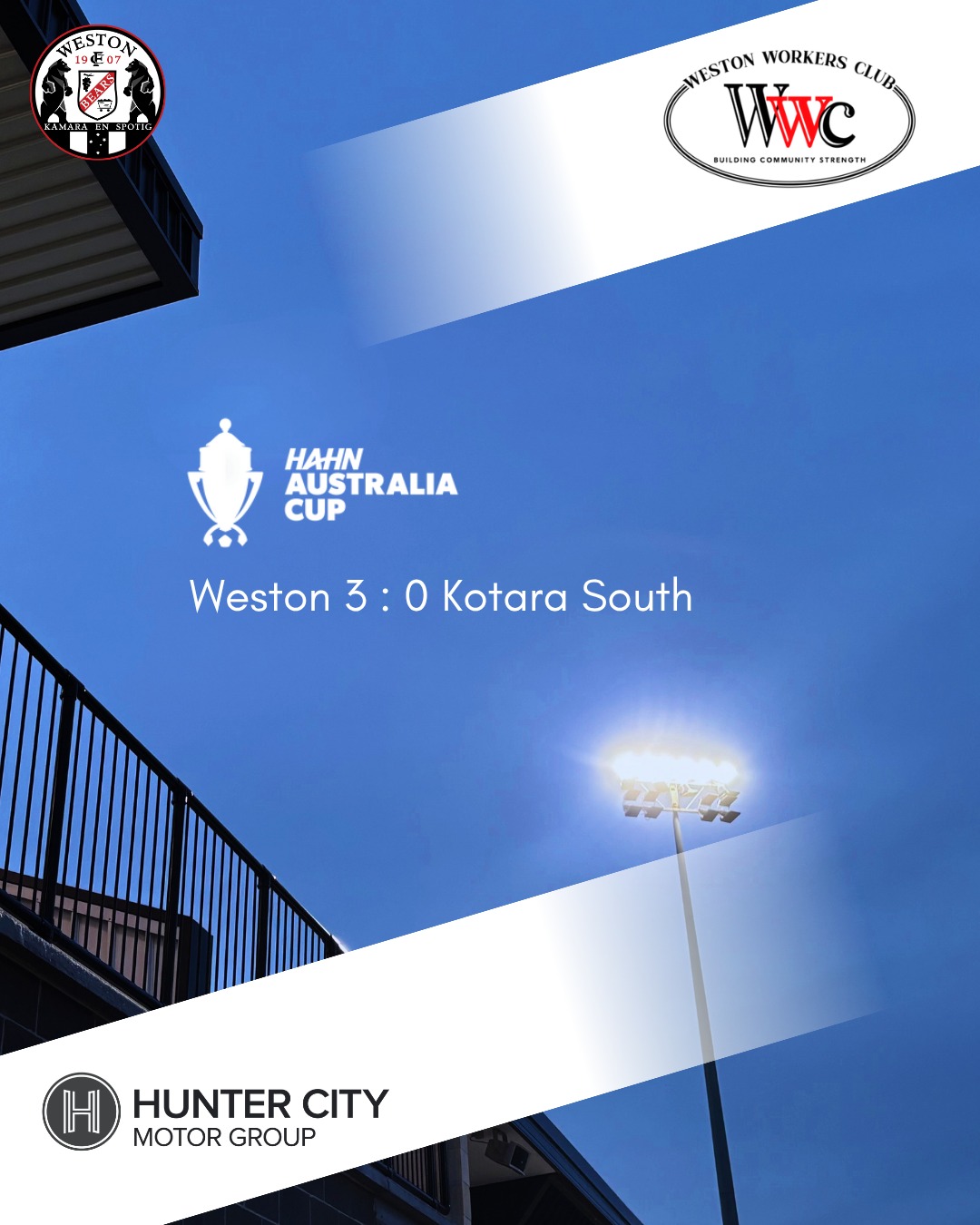@australiacup
The Weston Workers Club Bears progress in in the @australiacup with a 3:0 win over Kotara South.
We wish Kotara all the best for season 2026.