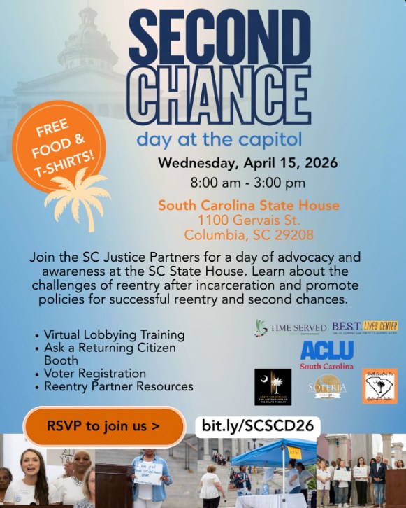 Join SCADP and the SC Justice Partners Coalition as we got to the SC State House to discuss legislation impacting returning citizens and their families! Here's a tentative schedule of what you can expect on Second Chance Day:
➡ 9:30am-10:45am: Arrival | Registration | Receive "Welcome Packets" | Orientation to the Day on the Front Lawn of the SC State House (North Side, facing Gervais Street)
➡ 11am: Press Conference in the 1st Floor Lobby of the State House
➡ 12pm: Free lunch on the Front Lawn of the SC State House (North Side, facing Gervais Street)
➡ 12pm-3pm: Connecting with Legislators on the 2nd Floor Lobby of the SC State House
➡ 3pm: Adjourn | Travel home
PLUS:
🖐🏾✋🏻✋An "Ask A Returning Citizen" Booth
🗳 A Voter Registration Booth (especially for returning citizens who need to restore their right to vote!)
📄Information about Re-Entry Partners
👕FREE T-SHIRTS!
Register at: https://www.scadp.org/event-details/second-chance-day-at-the-sc-statehouse