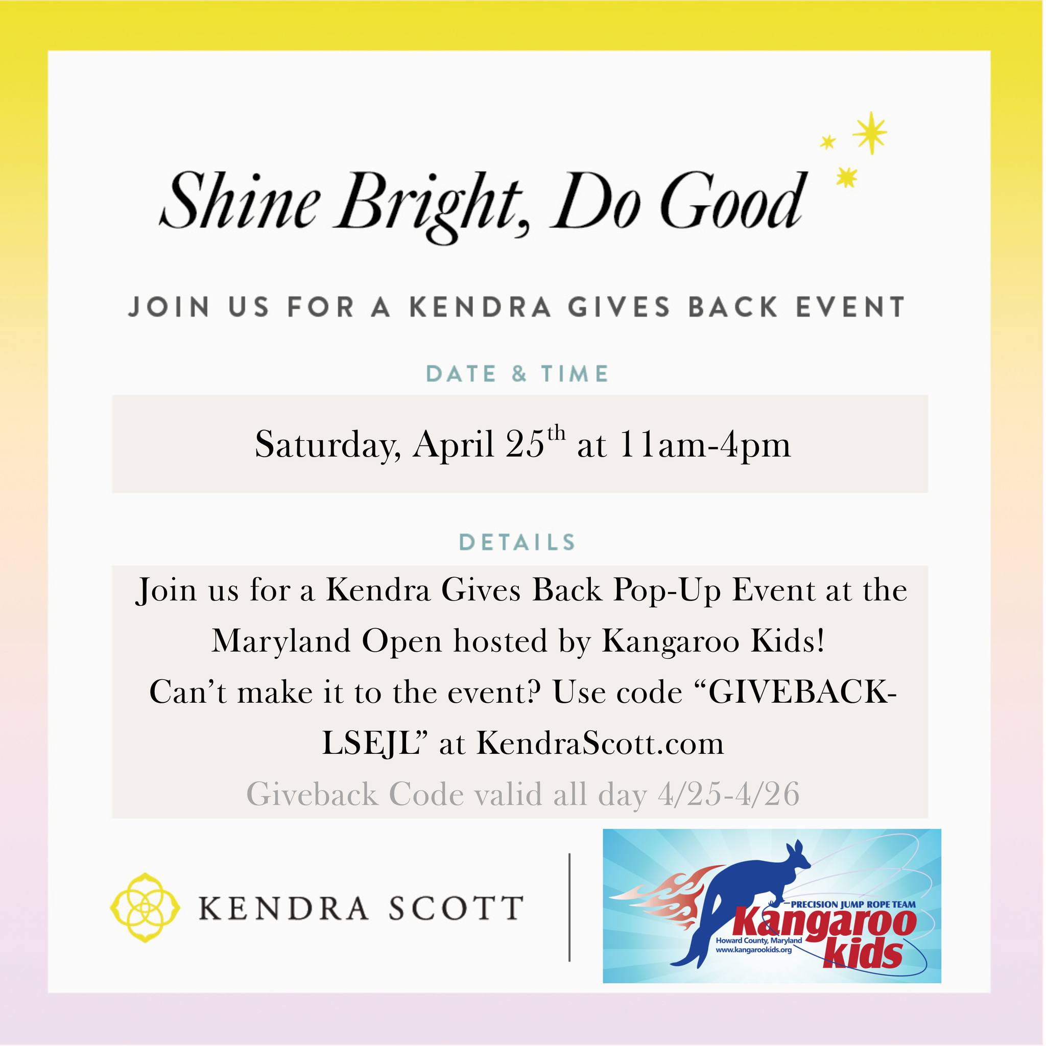 NEED GIFTS? We have an awesome Give Back Event going on 4/25 and 4/26 only! Order at www.kendrascott.com and use code LSEJL to help raise funds for Kangaroo Kids, or stop by our tournament at Hammond High!