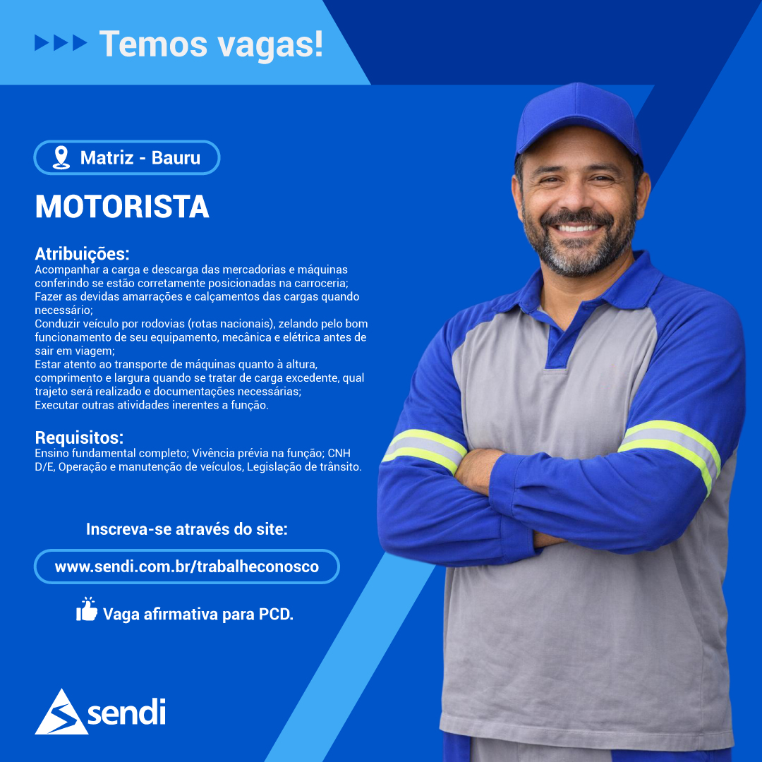 O Grupo Sendi está com oportunidades para as vagas de:
✅ Motorista;
✅ Motorista Operador de Betoneira.
➡ Acesse: https://www.sendi.com.br/trabalheconosco (link da bio) e faça o seu cadastro em nosso Portal de Talentos.
👍 Todas as vagas são afirmativas para PCDs.
#vaga #oportunidade #bauru #motorista