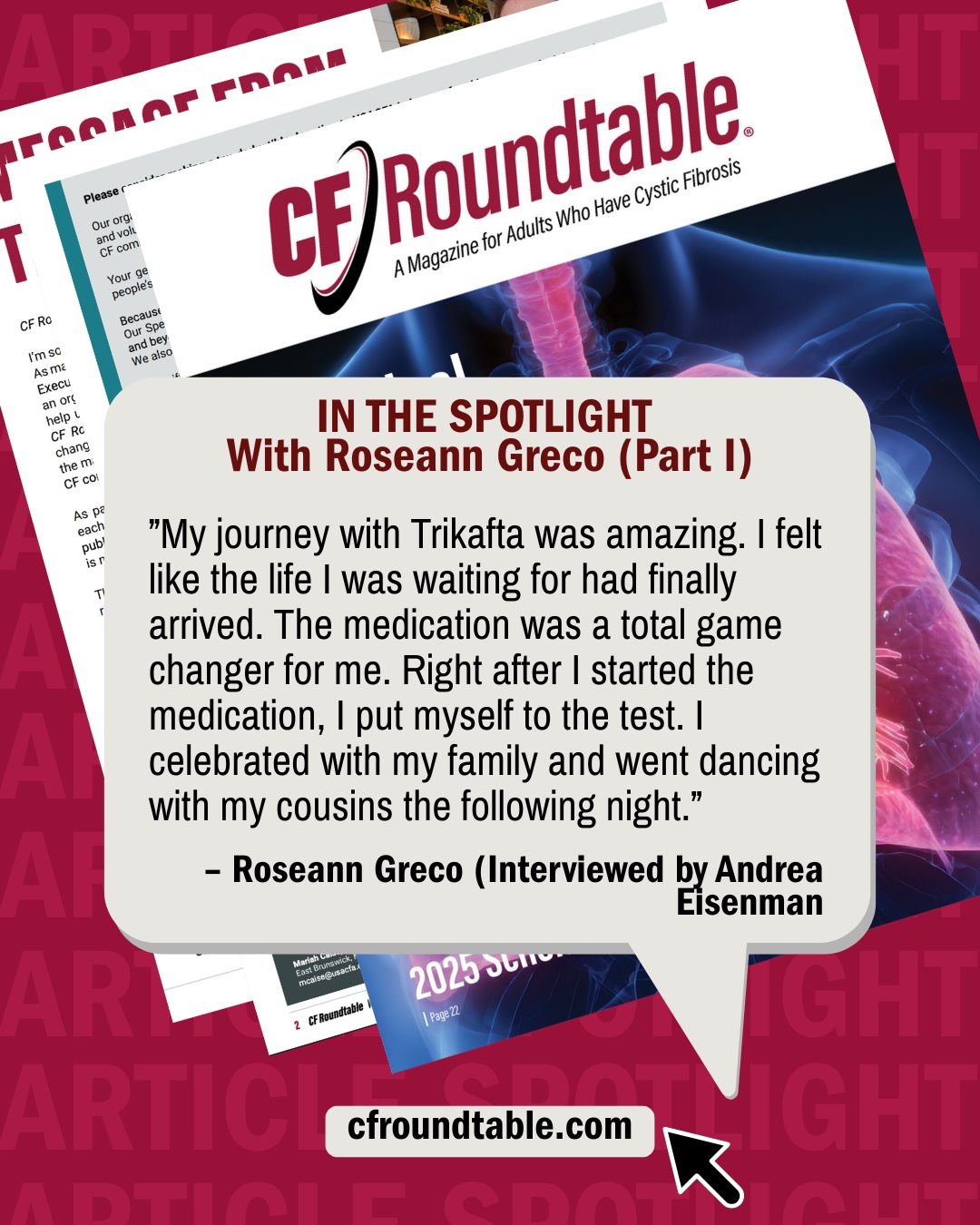 ▪️Roseann Greco has been on quite a rollercoaster with her CF and made quite the comeback! Don't miss Andrea Eisnman's interview with her to get the scoop on Roseann's journey with cystic fibrosis that many can probably relate to. She went from waiting for a lung transplant to reclaiming her life with the breakthrough drug Trikafta.
▪️ After years of severe illness, failed transplant calls, and multiple health crises—including cancer and a brain injury, she has come out on the other side healthy and full of joy and gratitude! She now enjoys traveling, exercising, and living more freely. Her story is a powerful reminder of resilience, self-advocacy, and the life-changing impact of modern medicine!
▪️Starting on page 34, you can read Part 1 of Andrea's interview with Roseann. Be on the lookout for Part 2, which will be printed in our Summer/Autumn 2026 issue!
▪️ Visit cfroundtable.com to subscribe to our free magazine and get access to this issue and more!
#cf #cfawareness #cfcommunity #cfirl #cysticfibrosis
