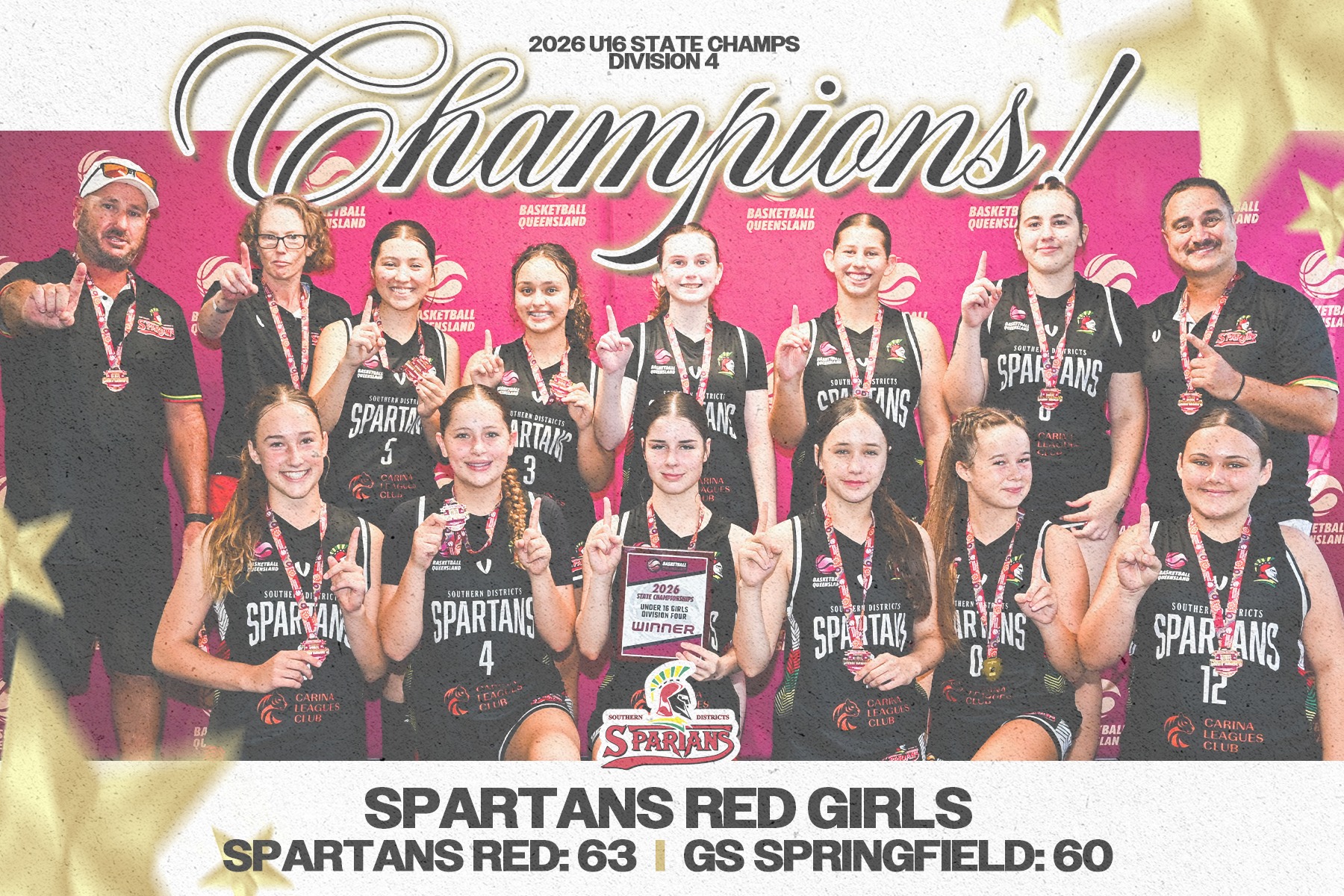 𝗨𝗡𝗗𝗘𝗥 𝟭𝟲 𝗚𝗜𝗥𝗟𝗦 𝗦𝗧𝗔𝗧𝗘 𝗖𝗛𝗔𝗠𝗣𝗦 𝗠𝗘𝗗𝗔𝗟𝗦 🥇🥉🥉
Our Under 16 Girls smashed it at State Championships last week, with 3 of our 4 teams coming away with medals!
Our Spartans Red Girls took out division 4 with a close grand final win over Greater Springfield, our Spartans Black Girls had a massive win over Logan Thunder Gold to claim division 2 bronze, and our Spartans White Girls had a close win against Cairns to claim division 3 bronze!
Well done everyone! That is a massive effort and we couldn't be more proud 🖤
#DarksideFamily