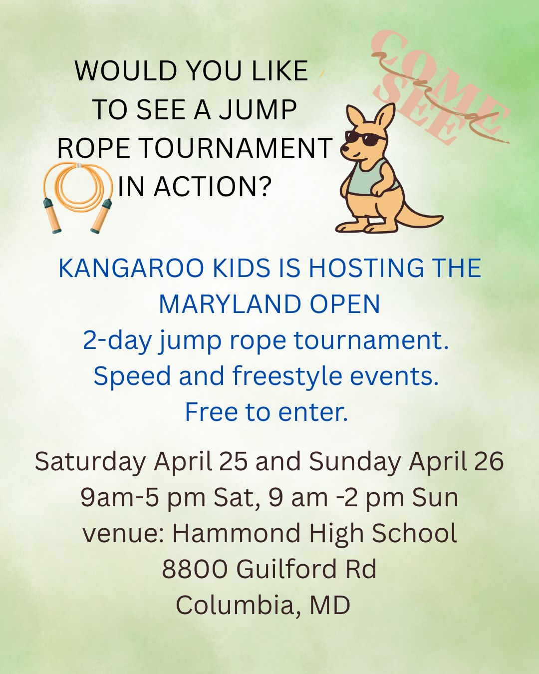 COME SEE A JUMP ROPE TOURNAMENT! Always curious about what they compete in? Free to enter and observe! See speed events, see freestyle events! Saturday or Sunday at the venue of Hammond High School. Stop by and see what it's all about!